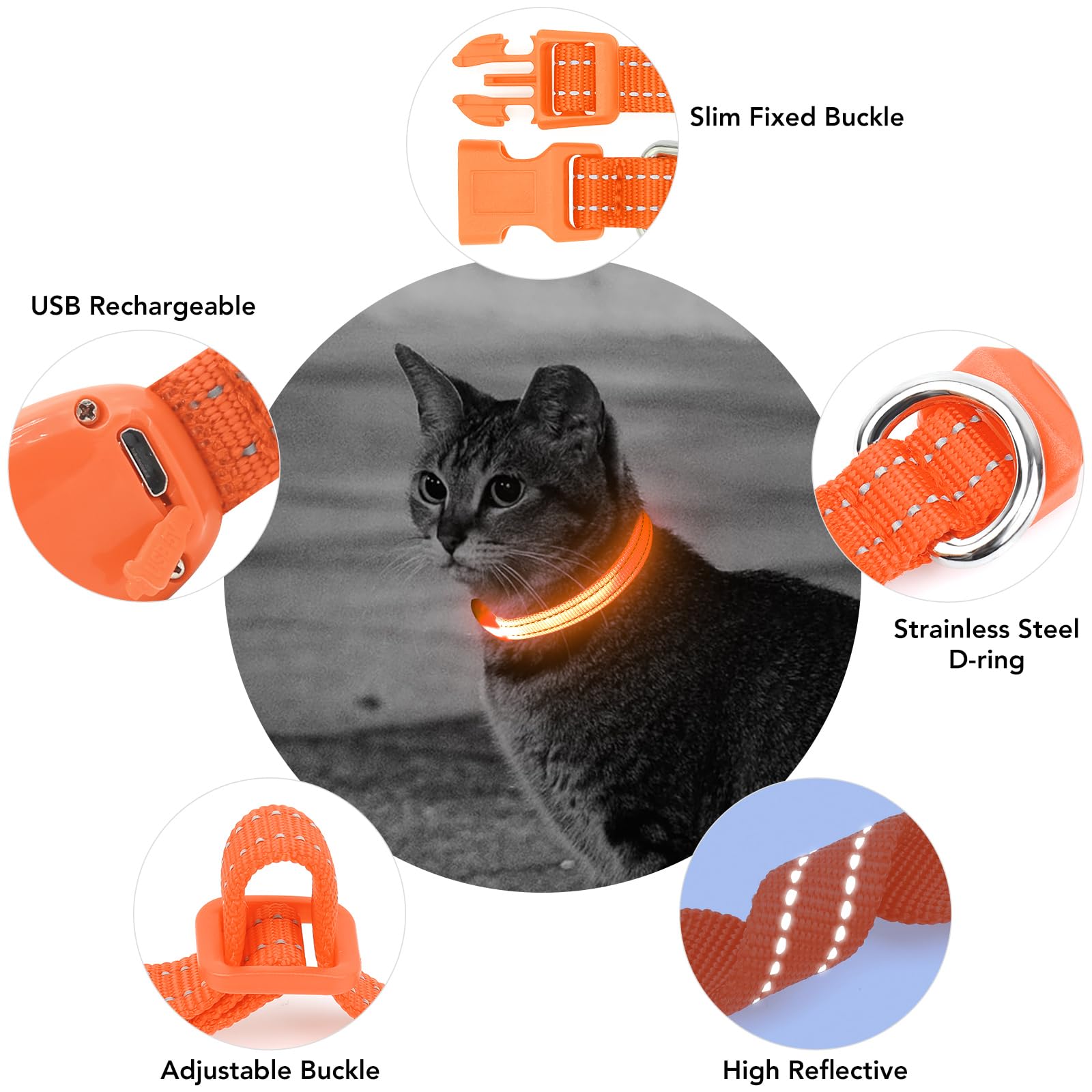 Vizpet Collar LED para gato y perro, recargable por USB, tamaño ajustable, collar de nailon brillante de seguridad para gatos pequeños y perros (naranja)