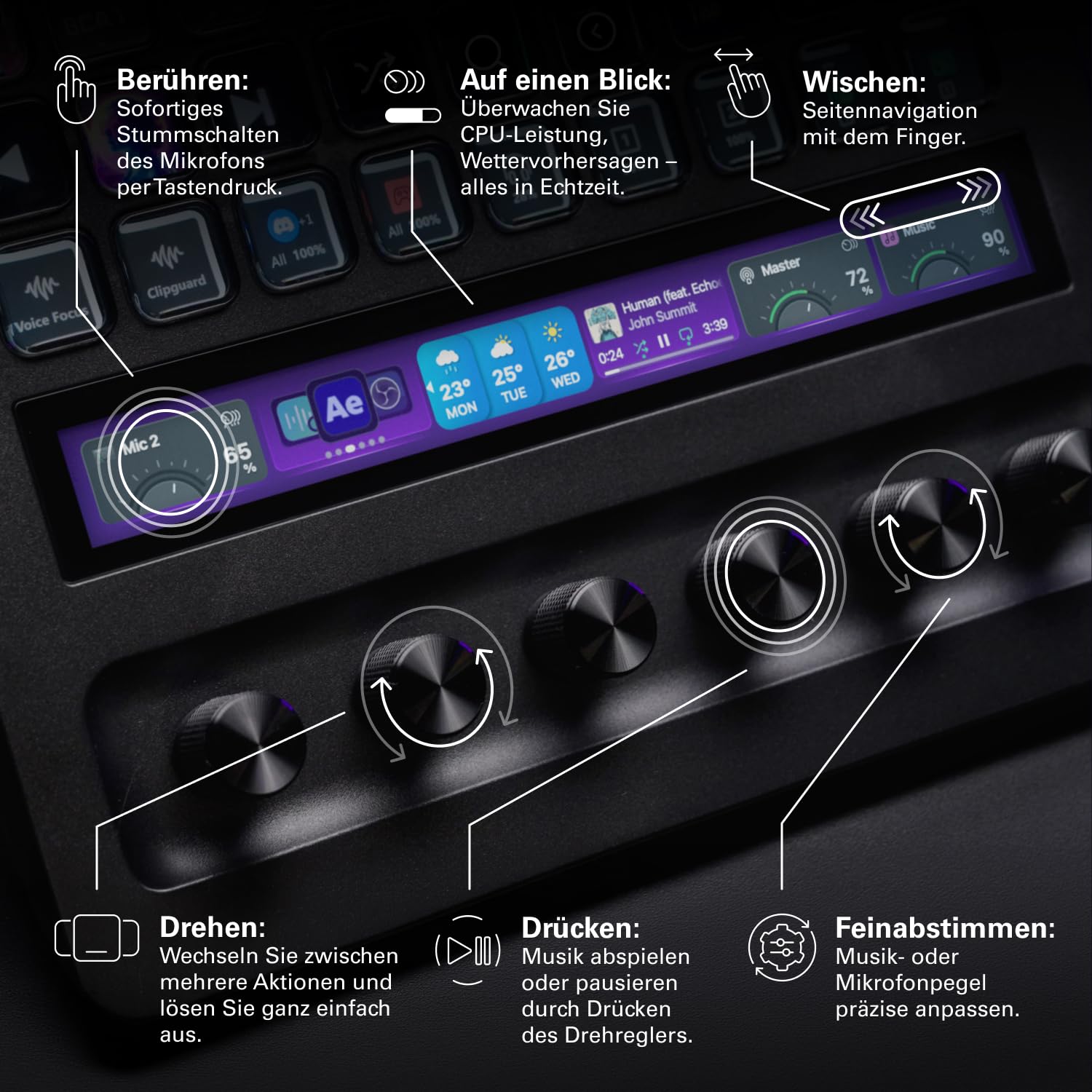 Elgato Stream Deck + XL – Anpassbarer Controller mit Makrotasten, Drehreglern und Touchstrip für professionelle Systeme und Produktionen – USB-C für PC und Mac