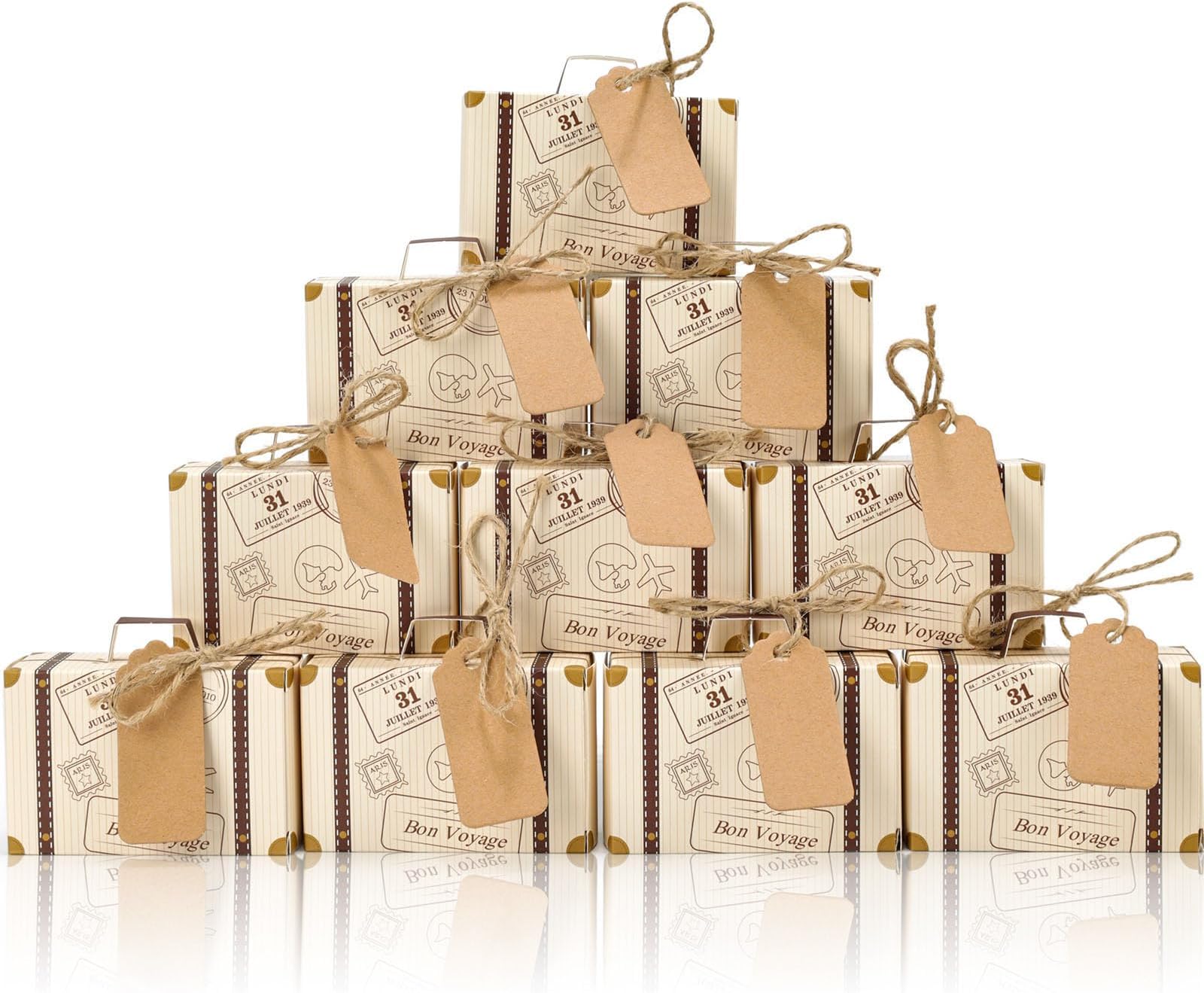 VGOODALL 50pcs Mini Suitcase Favor Box Party Favor Candy Box, Vintage Kraft Paper with Tags and Burlap Twine for Wedding/Travel Themed Party/Bridal Shower Decoration