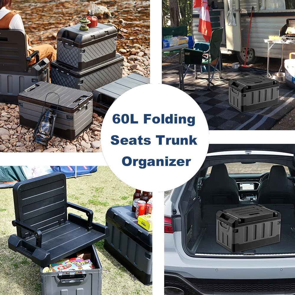 Outdoor Storage Box Camping Seat Boxes Multifunctional Fishing Box Large Capacity Car Storage Box Organizer 60L Folding Seats Trunk Organizer Auto Trunk Box Camping Accessories for Vehicles Car