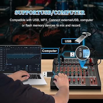 وحدة تحكم صوتية FULUODE 6 Channel Mixer، CT-60S Professional Music Mixer DJ Mixing Board مع مشغل Reverb Bluetooth MP3، مصدر طاقة وهمي 48 فولت، تسجيل USB لأداء استوديو كاريوكي مباشر