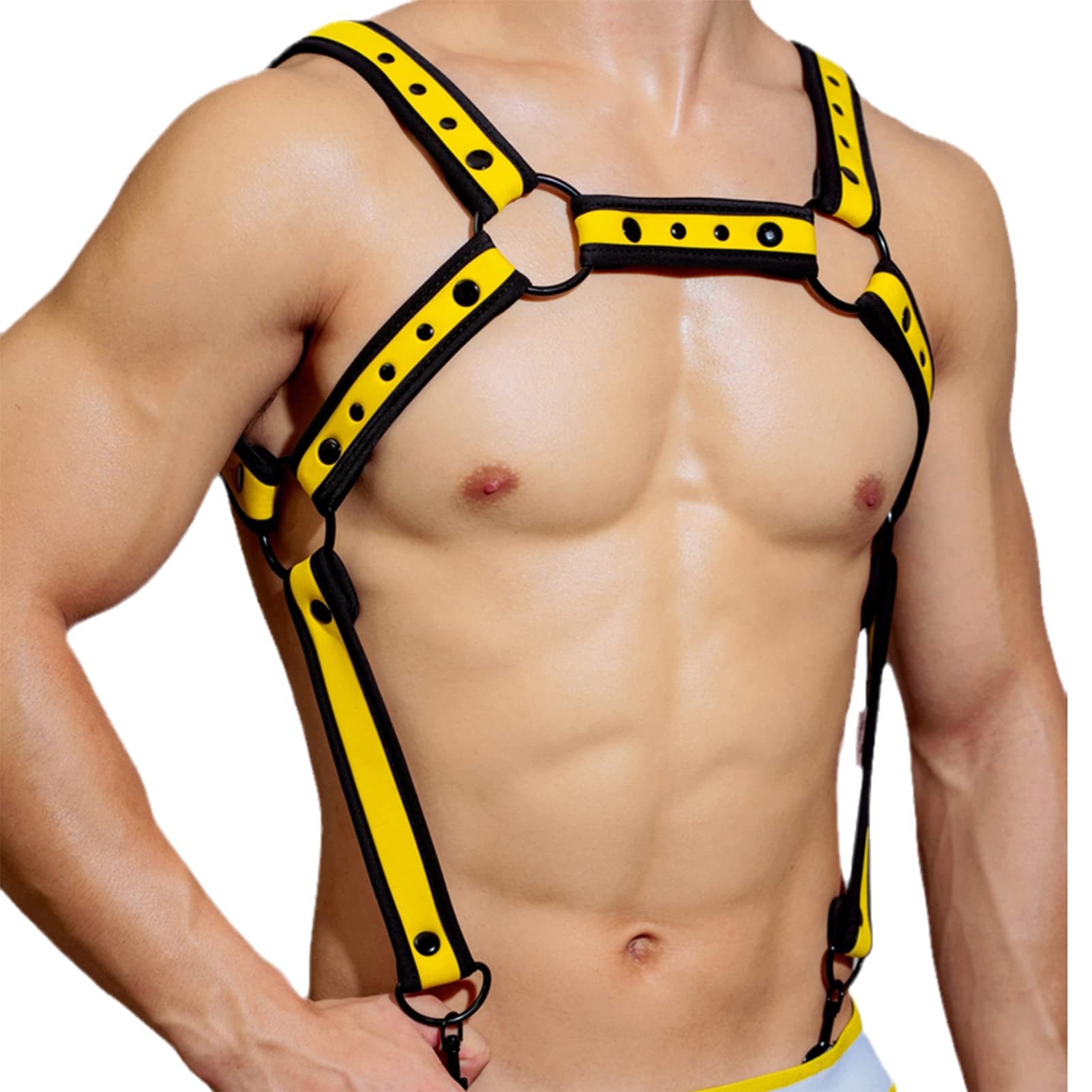 Herren Body Brust Harness Leder-Optik Riemen Geschirr Punk Gürtel Mit Kontrastfarbenem Besatz, Doppelte Schultergurte Einstellbar Schnalle Toll Mit String(One Size, Yellow)
