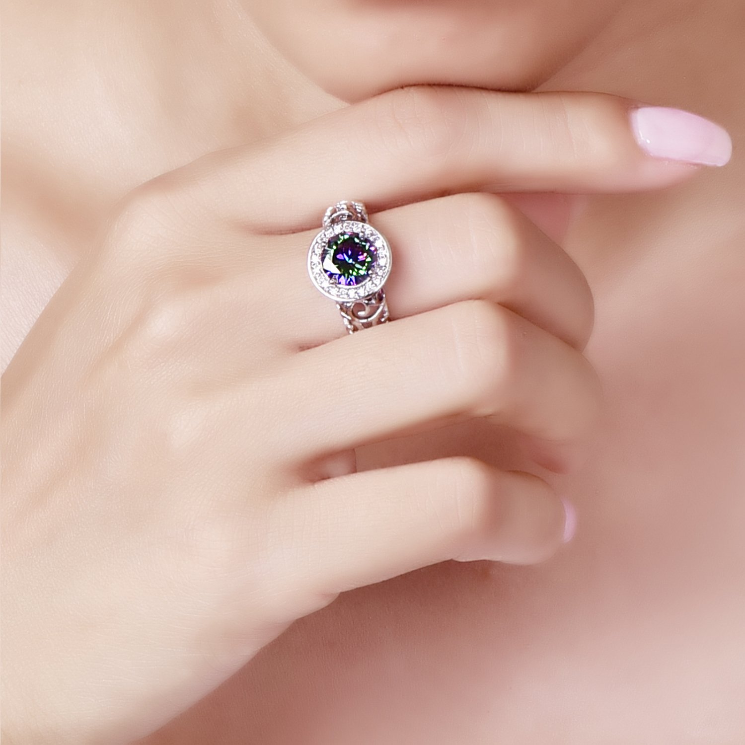 Emsione Created Rainbow Topaz 925 Sterling Silver Plated Halo Plated Womens Ring