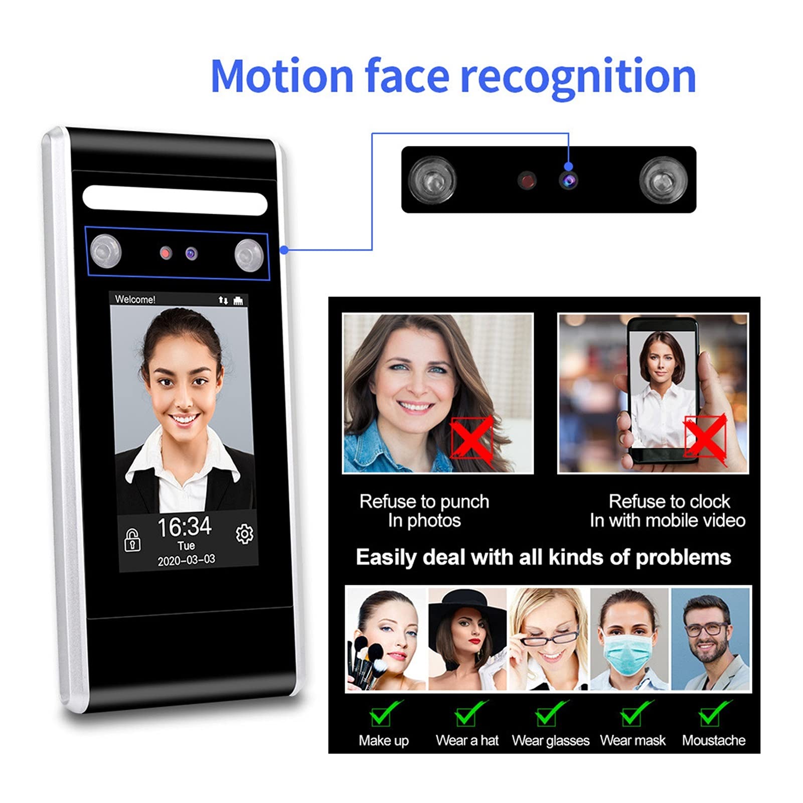 Zeiterfassung für Kleinbetriebe, Zugangskontrolle-Tastatur WiFi TCP/IP/USB Dynamic Face Biometric System Gesichtszeit Anwesenheitsmaschine ID IC(Kit 2)
