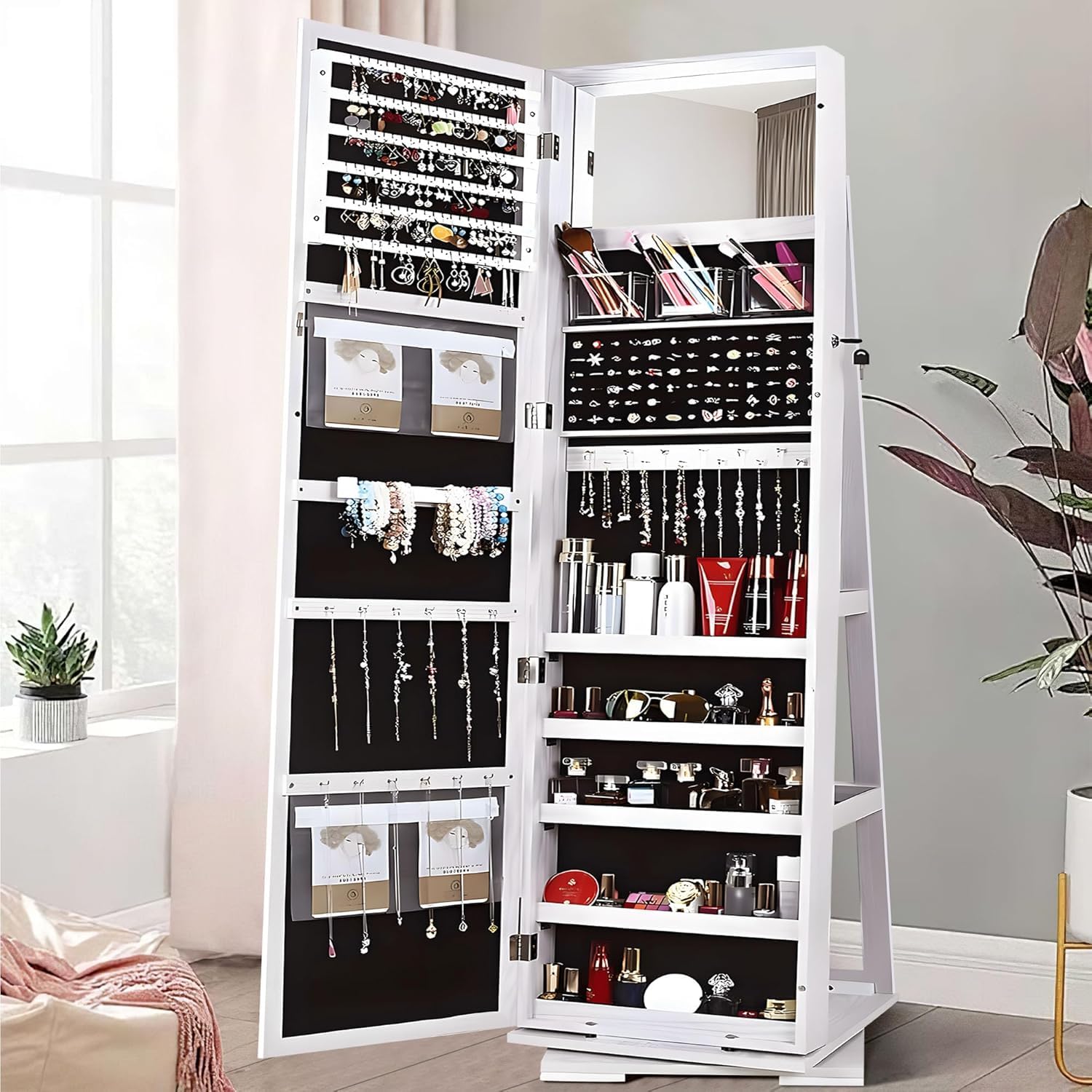 sogesfurniture Armoire à Bijoux sur Pied, Armoire de Rangement cosmétiques avec Miroir Plein Longueur et Étagères Arrières, Rangement Bijoux Verrouillable, Pivotante à 360°, Blanc