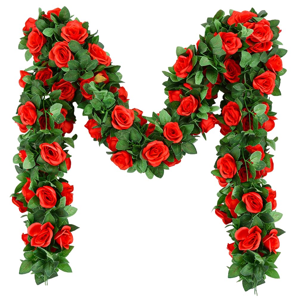 SzJias Blumengirlande Künstliche Rose Blumengirlande Blumenranke mit Blumen Girlande Dekorationen Floral Decor (5, Rot)