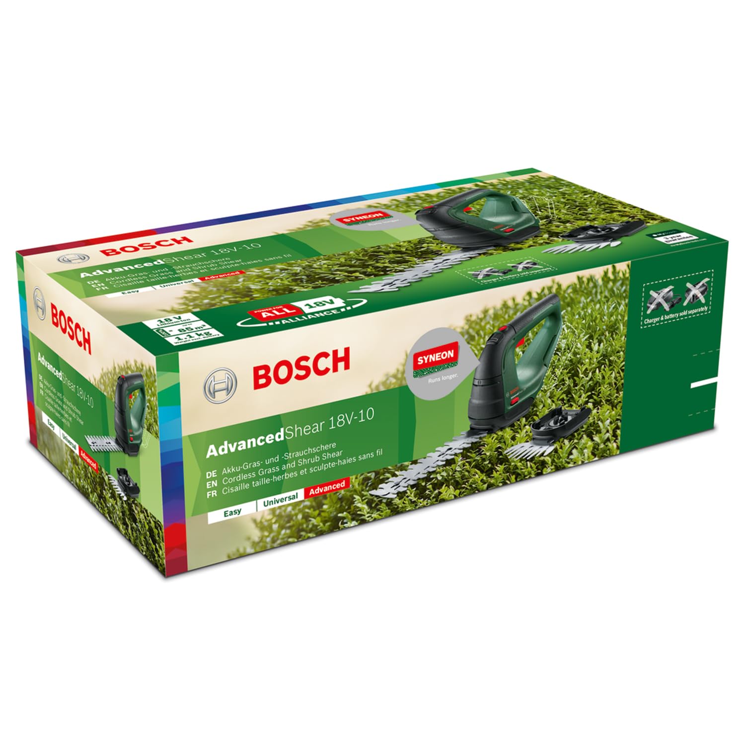 Bosch cortacésped/Cortasetos a batería AdvancedShear 18V-10 sin Bat./carg. | sistema de 18V, cortan hasta 85 m² por ciclo de batería, con cuchillas cortacésped y cortasetos