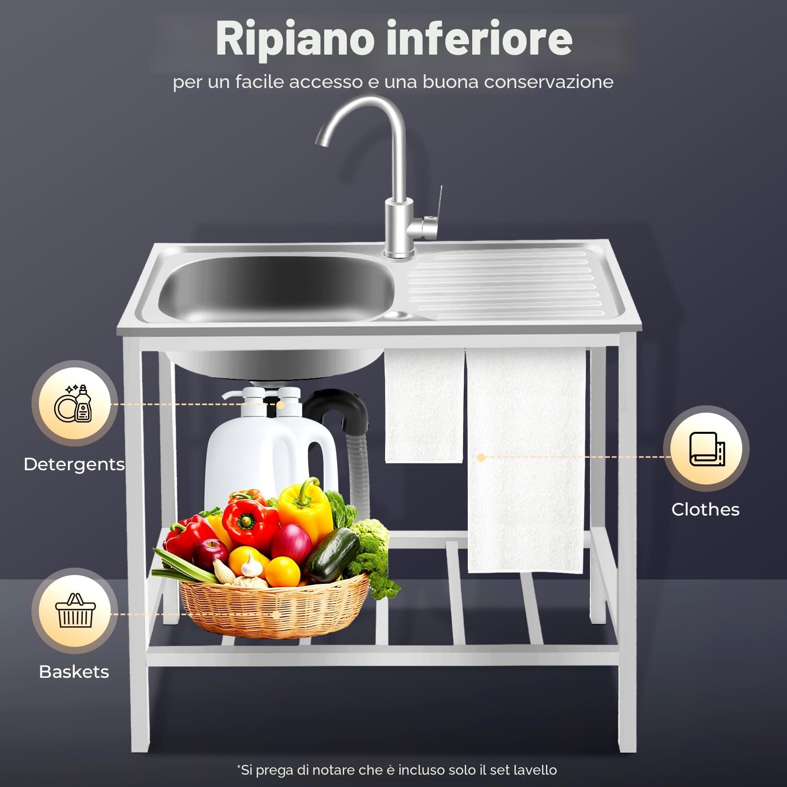 Lavandino da lavoro 75 × 40 × 75 cm, autoportante in acciaio inox con cella di stoccaggio, lavello da cucina singolo con rubinetto a 360° – per lavanderia, bar, garage o ristorante