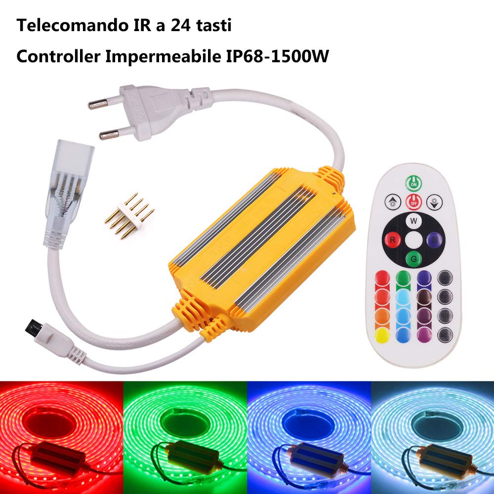 XUNATA 15m Striscia LED RGB 220V con Telecomando 24 tasti, Luce 5050 LED y Controller Ricevitore Segnale Impermeabile Kit Completo- 60 LEDs/m