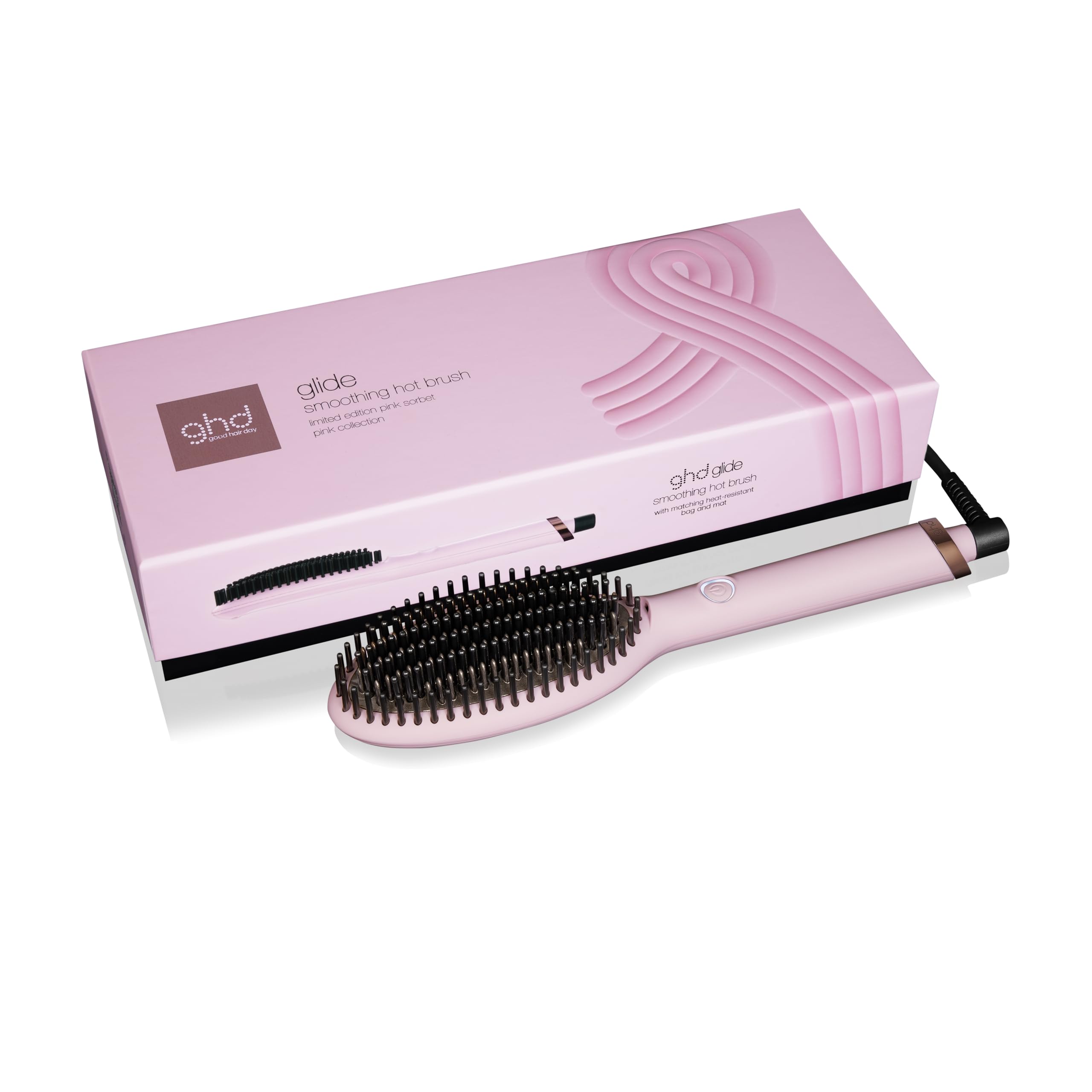 ghd Glide Limited Edition - Pink Sorbet Straightening Brush with Pouch and Heat Resistant Mat in Matching - (EU Plug)