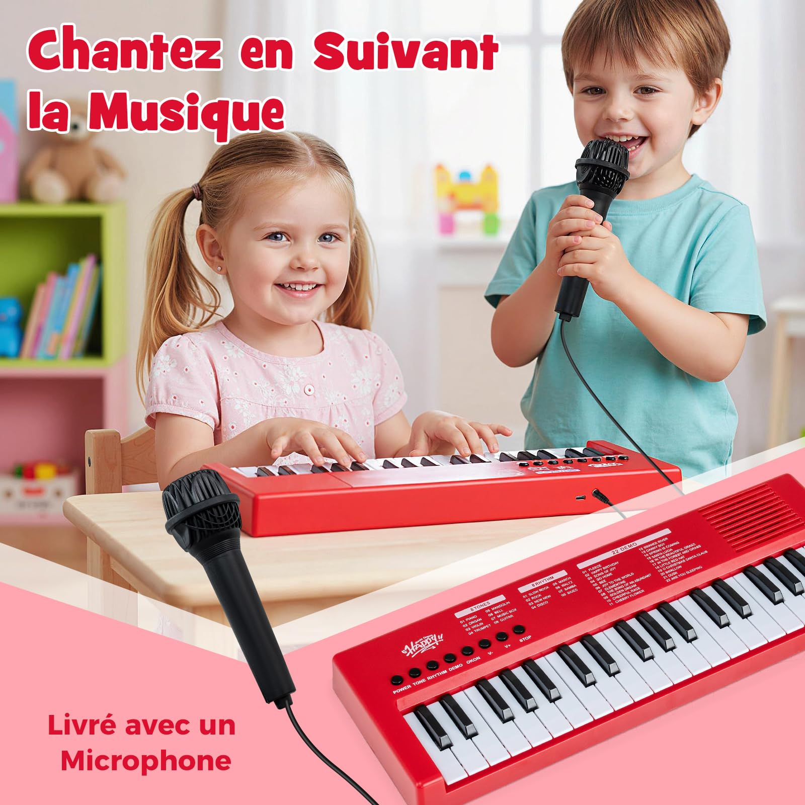 COSTWAY Clavier Piano Enfants 37 Touches avec Microphone, Piano Numérique Portable avec 8 Rythmes, 8 Tonalités, 22 Démos, Haut-parleurs, Jouet Musical Éducatif pour Garçons Filles 3 Ans+ (Rouge)