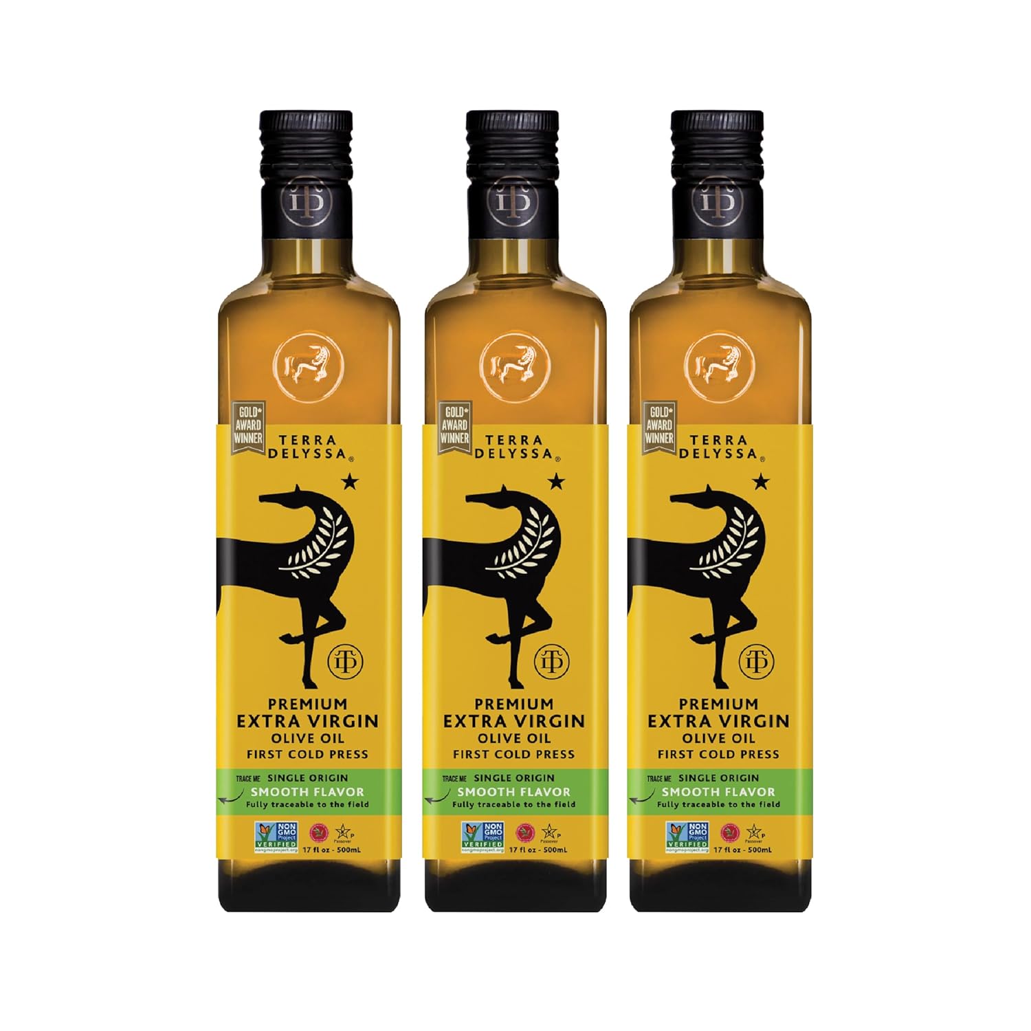 Terra Delyssa First Cold Pressed Extra Virgin Olive Oil, Single Sourced, 500 ML (17 fl. oz) Dark Glass Bottle - 3 Pack, Certified Kosher. Non-GMO, Naturally Rich in Antioxidants and Polyphenols