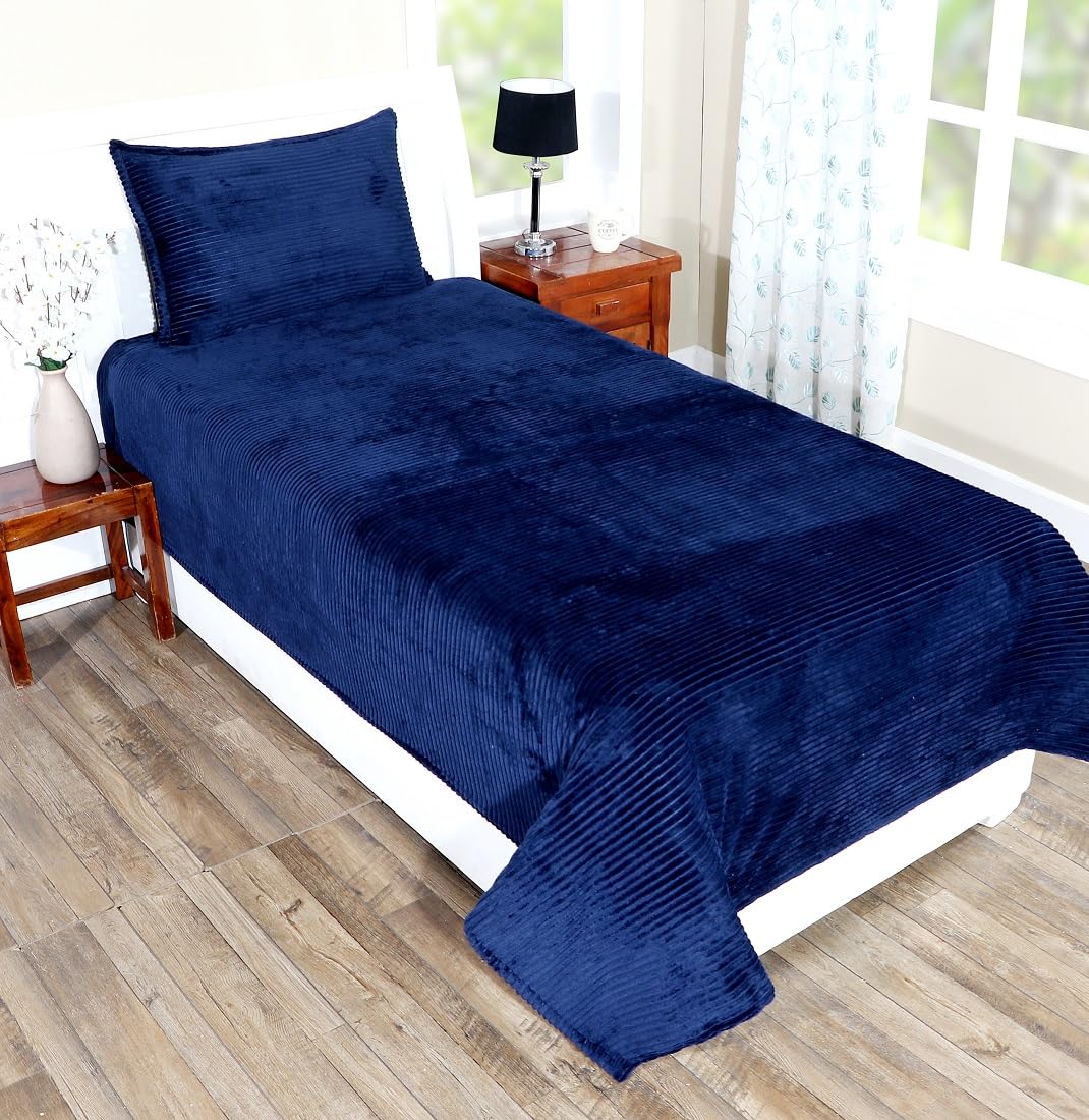 RD TREND 190 GSM Flannel Warm bedsheets for Winter Single Flat Size (60x90 Inches) with 1 Pillow Cover Size (18x28 Inches) Color-Navy Blue Pattern-Self Stripe
