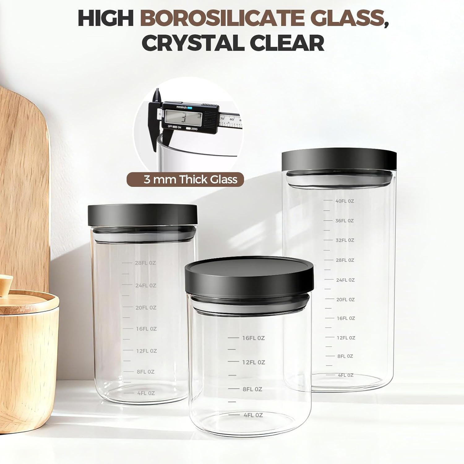 Danbark Set of 6 Mixed Sizes Airtight Glass Storage Canisters with Lids - Pantry Organizers and Storage Glass for Kitchen - for Pantry, Flour, Sugar, Coffee, Tea, Pasta, Rice, and Snacks - Black - Image 6