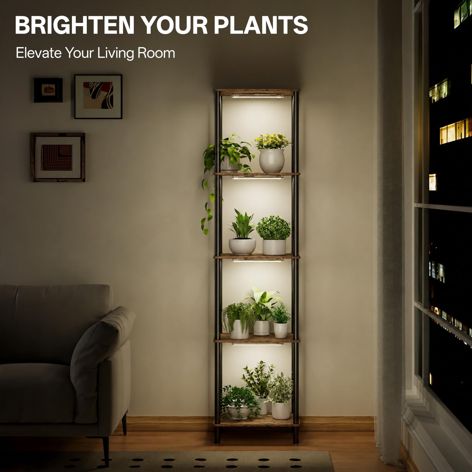 Bstrip Pflanzenständer mit Wachstumslicht, 4 Ebenen Blumenregal Metall Holz | 150cm Plant Stand Indoor, Pflanzenlicht LED Vollspektrum, Dekoratives Blumenständer Schwarz für Garten, Wohnzimmer Balkon