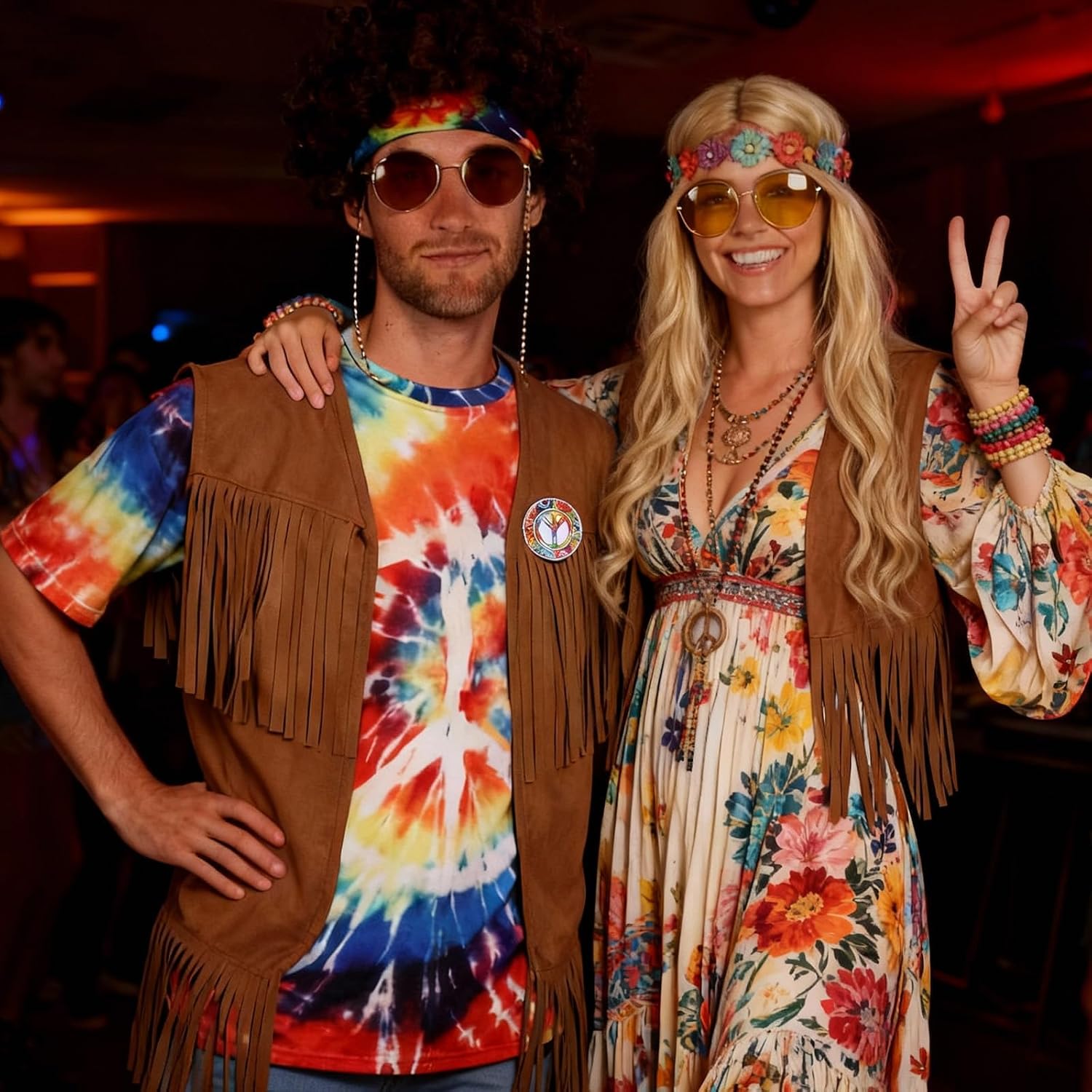 70s Outfits for Men - 10 Pcs Hippie Costume with Tie Dye Shirt, Fringe Vest & Accessories,60s/70s Retro Party Clothes image 5