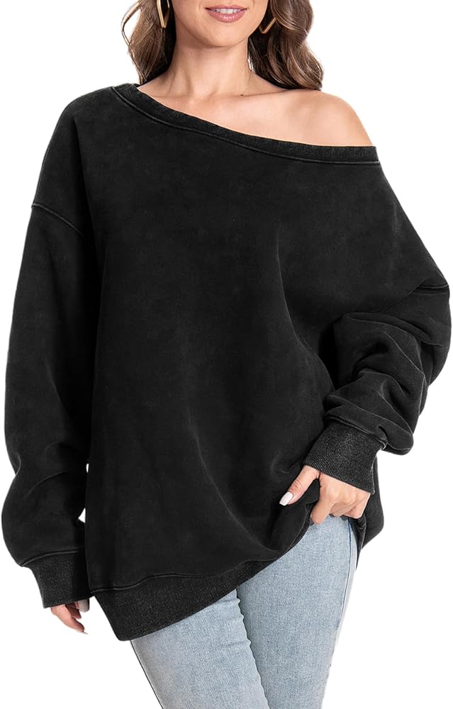 トップス ACLENT Cutoff oneshoulder loose sweat Hatant Womens Off the Shoulder Oversized Sweatshirts One Shoulder