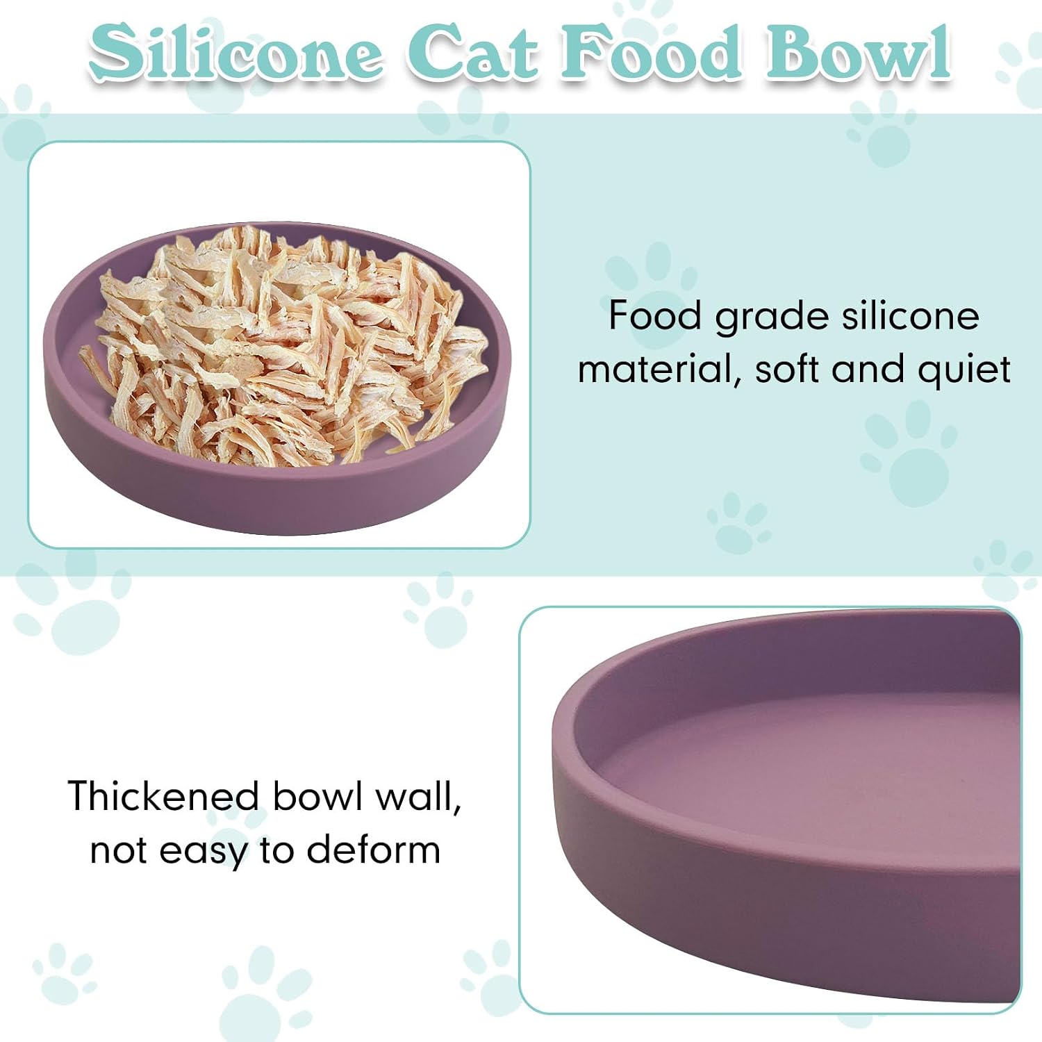Purple Silicone Pet Bowls Set of 2 Shallow Whisker-Friendly for Dry/Wet Food