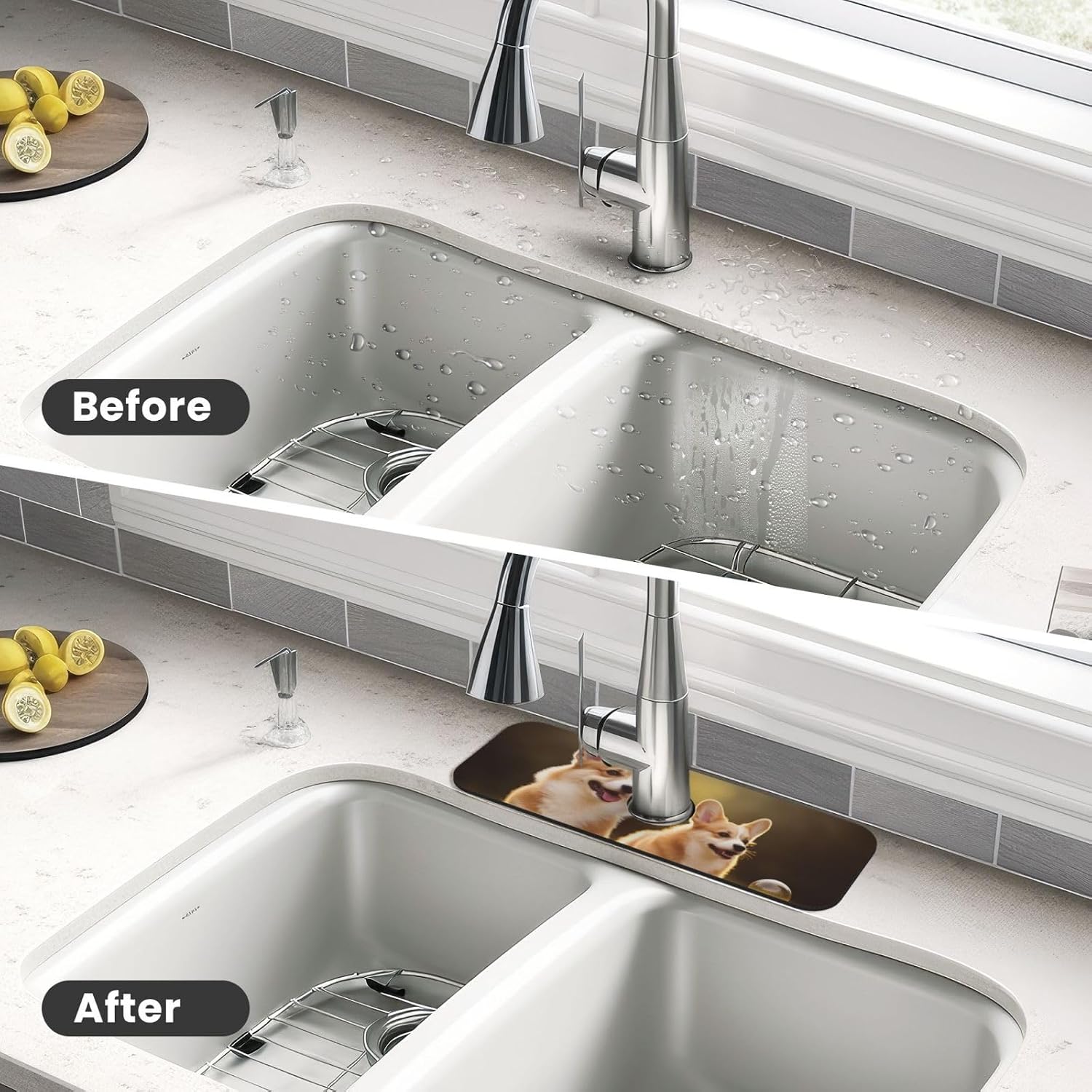Faucet Mat for Kitchen Sink, Super Absorbent Sink Splash Guard, Fast Drying Mat Cute Corgi Dog Sink Gadgets Splash Guard Behind Faucet Drip Catcher for Bathroom, 15"x 5.5" image 4