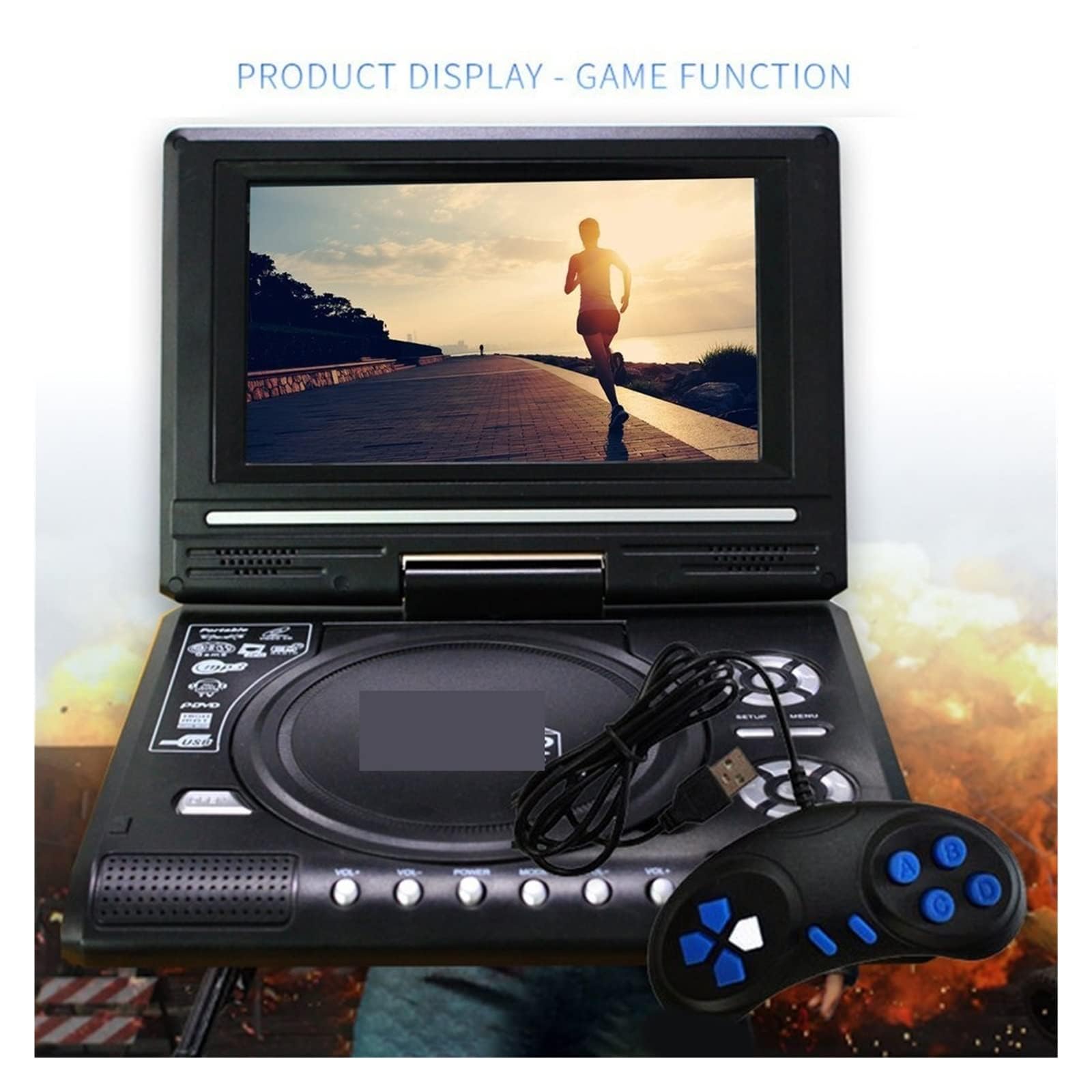 Lettore DVD portatile con schermo LCD girevole HD da 7,8 pollici, funzione mini TV, lettore DVD/VCD/CD/MP3, supporto USB e scheda SD, ingresso/uscita AV, batteria ricaricabile integrata per uso
