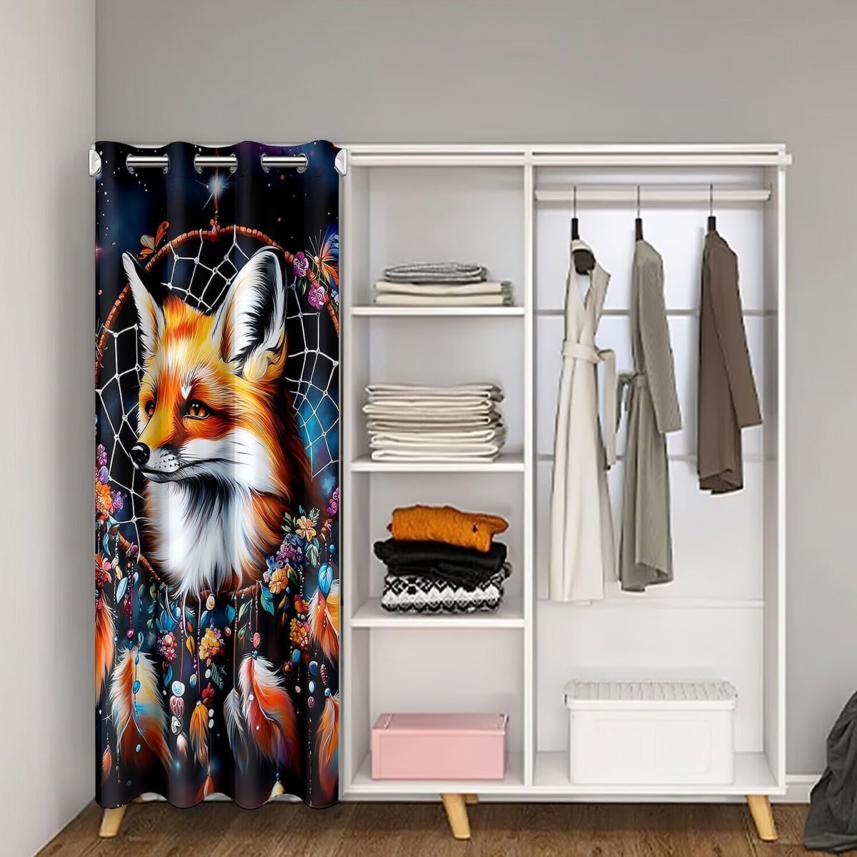 Fox Dream Catcher Door Curtain Watercolor Animal Feather Blackout Curtain for Kids Boys Girls Bohemia Tribe Farmhouse All Season Blackout Curtain Gradient Starry Door Drape 42" W X 84" L