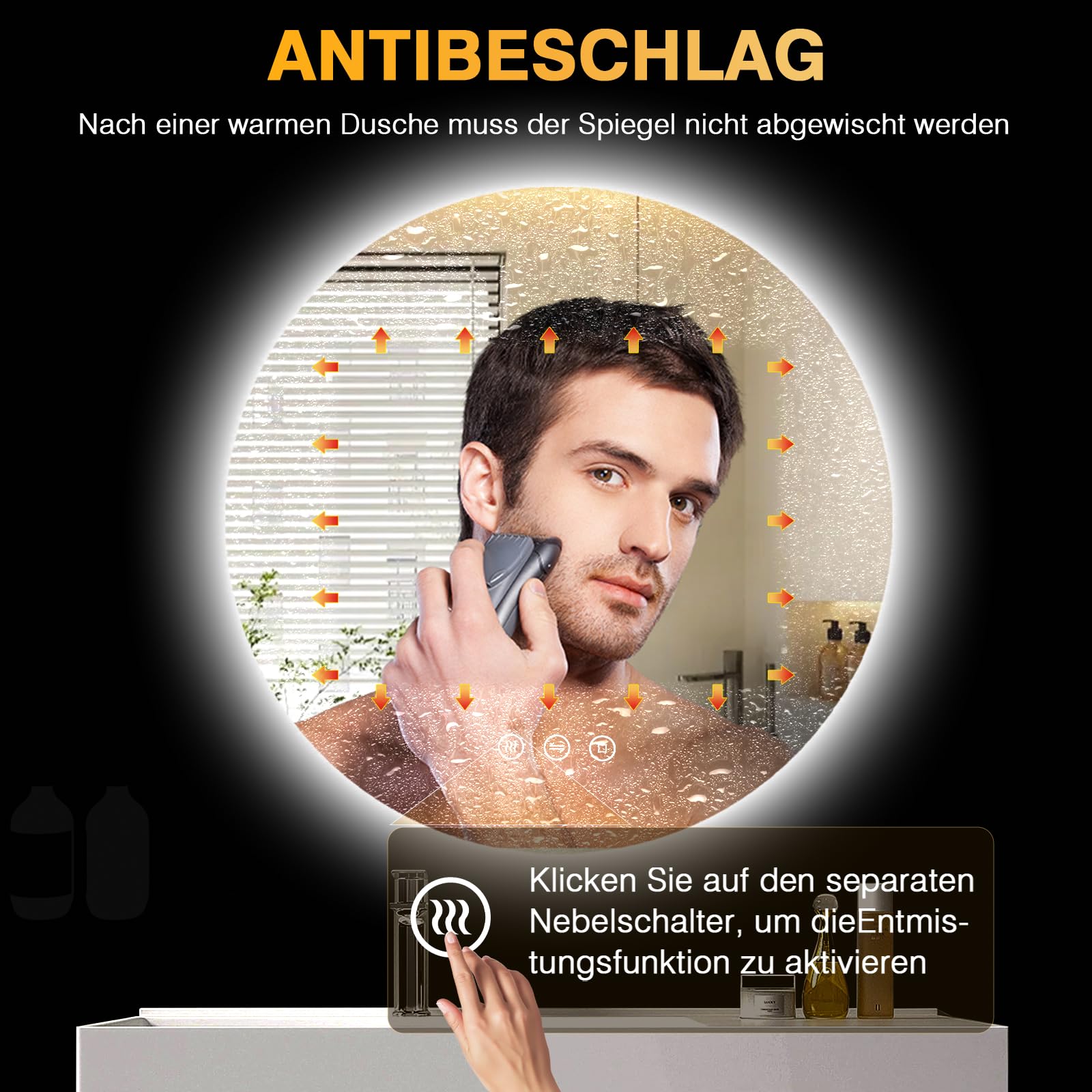 Badspiegel mit Beleuchtung 80cm, LED Bad Spiegel mit Licht, Antibeschlag, 3 Lichtfarben, Dimmbar, Touch-Schalter, Speicherfunktion, Runder Energiesparender Badezimmerspiegel