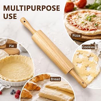 KARRYOUNG Natural Rubberwood Rolling Pin with Handles Smooth Dough Roller for Pizza, Pie Crust, Cookies, Fondant & Tortillas Durable Kitchen Baking Essential, Rodillo Para Masa