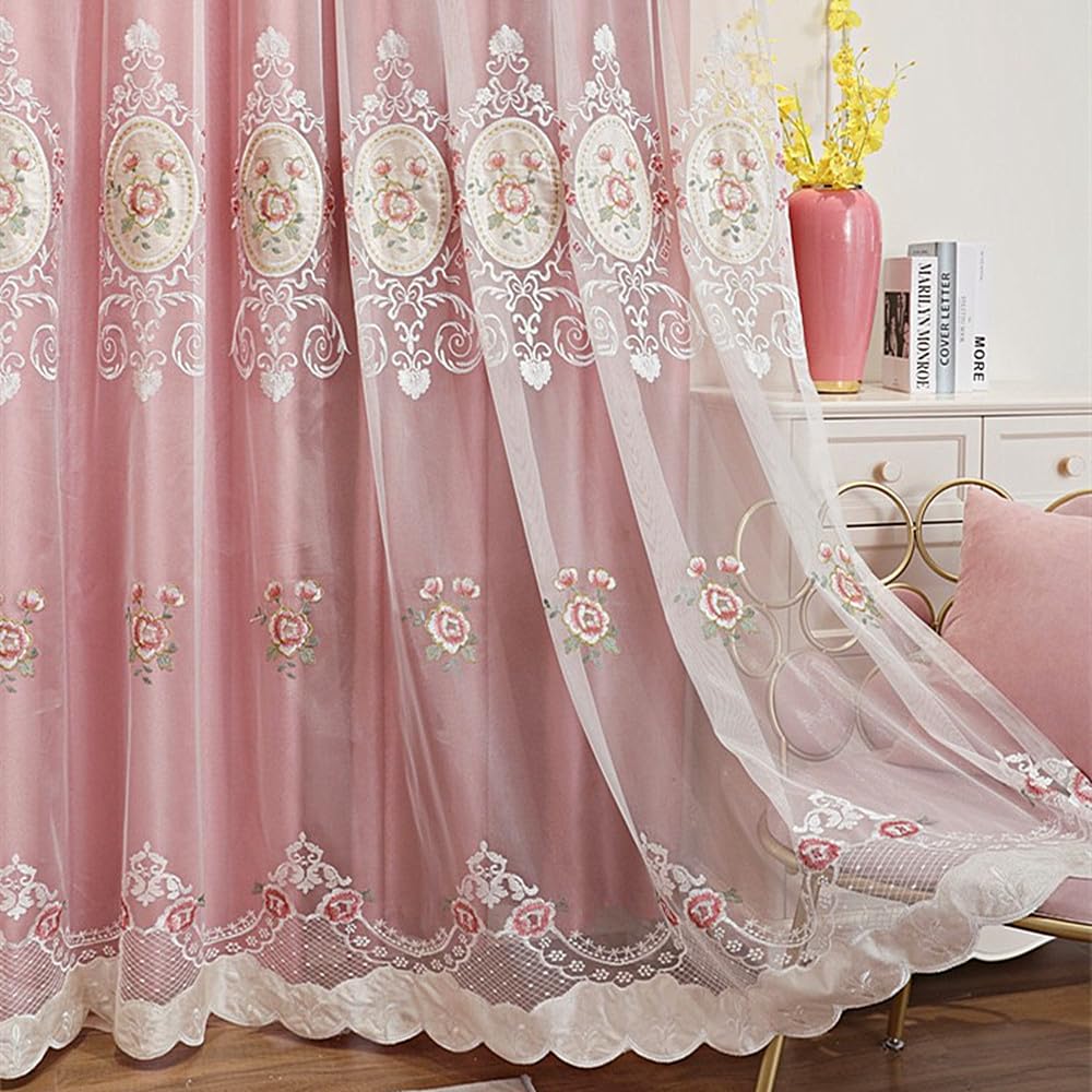 Amidoudou 1 Pair European Double Layer Curtains with Valance for Living Room Bedroom Floral Embroidered Curtains (Pink,51x96 Inch)
