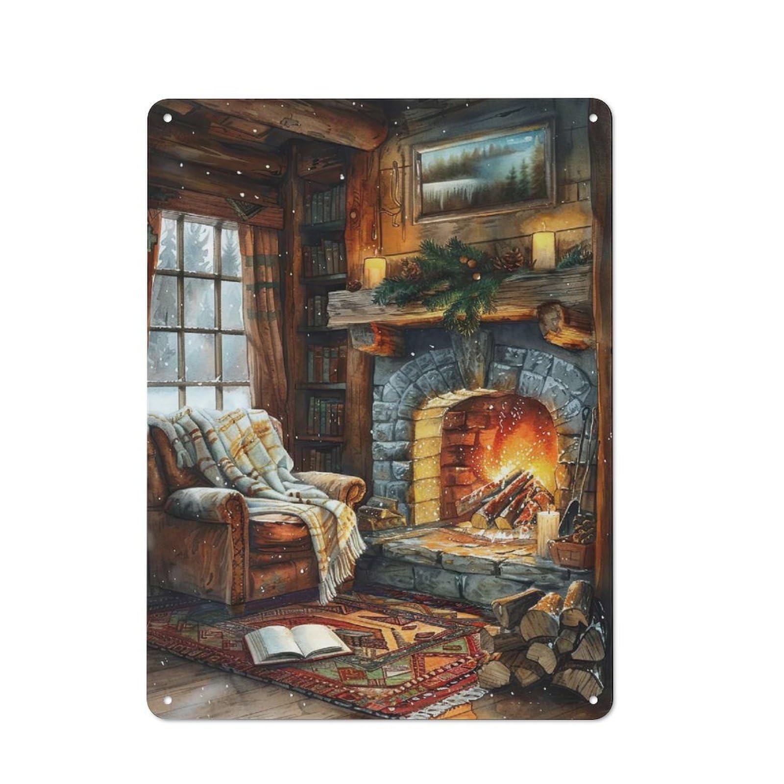 Junmoney Cozy Cabin Interior With Fireplace Tin Wall Plaque 40X30cm With For Kitchen Or Home Bar, For Metal Sign Collectors, For Cafés, Pubs And Restaurants