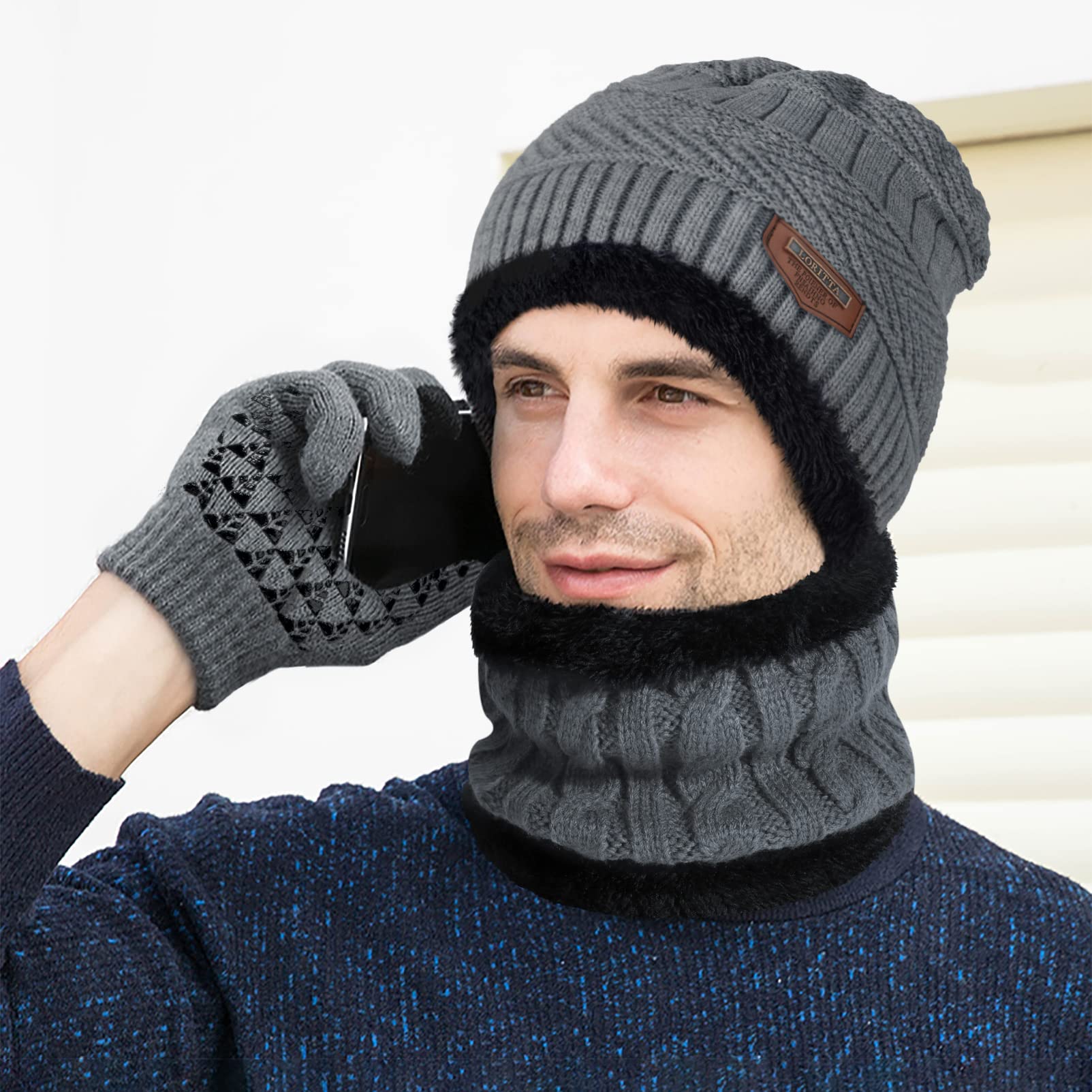 Juego de gorros, bufandas, guantes de invierno, gruesos, cálidos, holgados, gorro de punto, gorro de calavera, calentador de cuello para hombres y mujeres, Juego de bufanda y gorro, gris, talla única