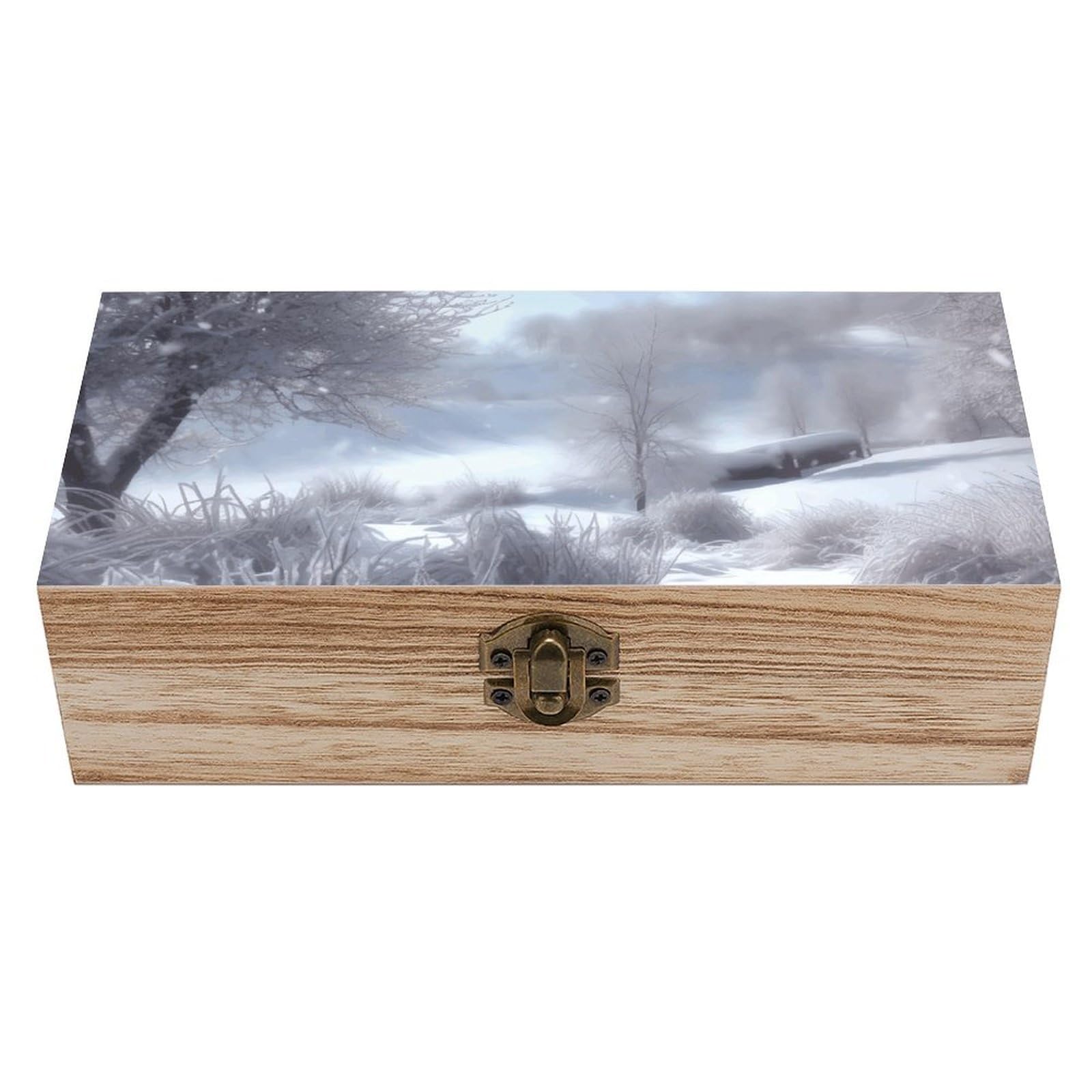 FWJZDSP Wooden Storage Box In The Snow Wood Gift Box with Hinged Lid Vintage Decorative Jewelry Boxes Memory Box for Jewelry Art Hobbies Home Storage Treasure Keepsake Gift 7.9''x3.9''x2.3''