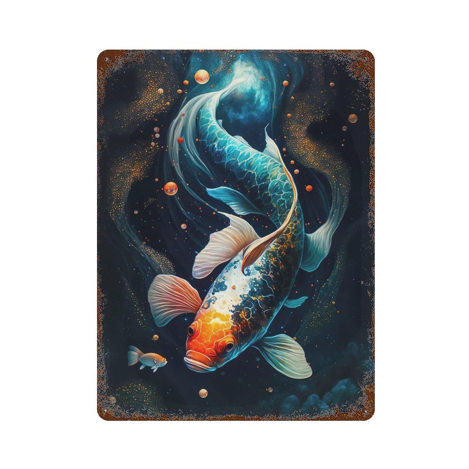 Cosmic Koi 6 Rusty Metal Tin Sign 15.7"x11.8", Rustic Home Decor for Living Room, Hallway And Home Decor
