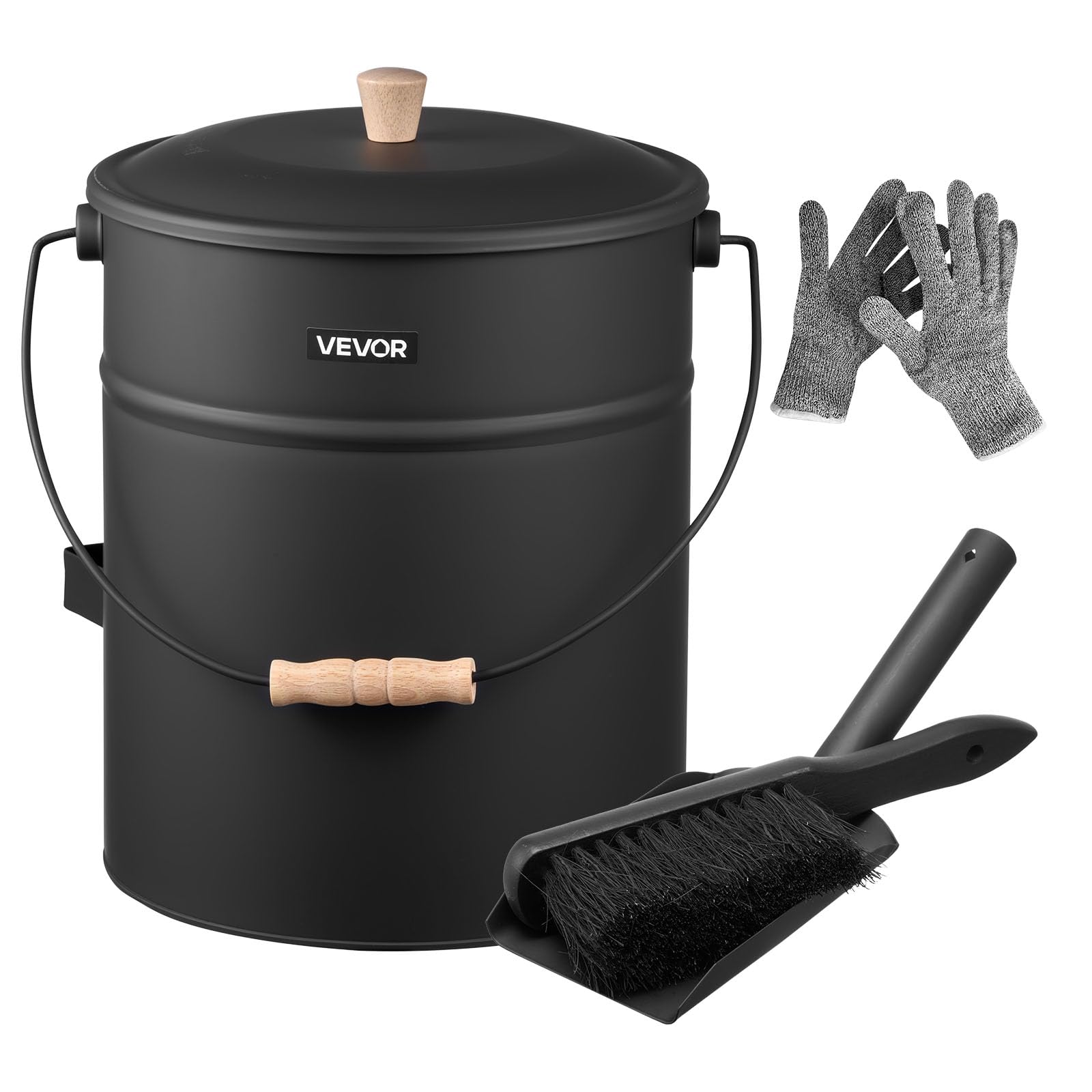 VEVOR Secchio per Cenere per Camino, 4 Pezzi con Coperchio, Pala, Scopa e Guanti, Secchio per Carbone e Contenitore per Cenere in Metallo per Caminetti, Capacità 15 L per Caminetti, Bracieri