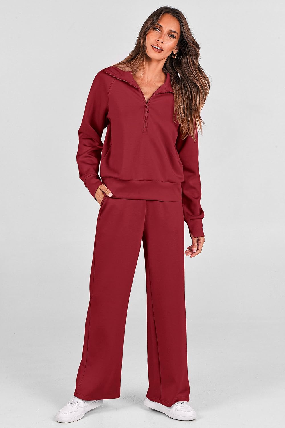 PRETTYGARDEN Women's 2 Piece Outfits Casual Lapel Half Zip Sweatshirts and Wide Leg Pants Tracksuit Sets thumbnail