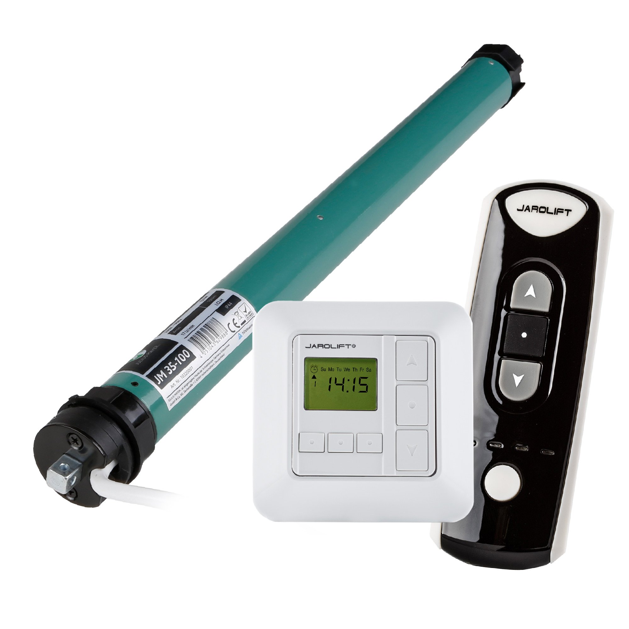 JULIUS MAYER 3x Motore per tapparelle JM35-100 (10Nm | SW40) + 3x JAROLIFT Sevenlogic Comfort Funk Ricevitore radio con timer + Radiocomando a 4 canali TDRC 04