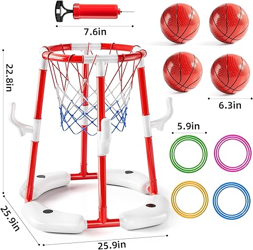 Miniatura 6 de Juguetes de aro de baloncesto para piscina para niños de 3, 4, 5, 6, 7 años, aro de baloncesto flotante con 4 bolas, bomba, lanzamiento de anillo,