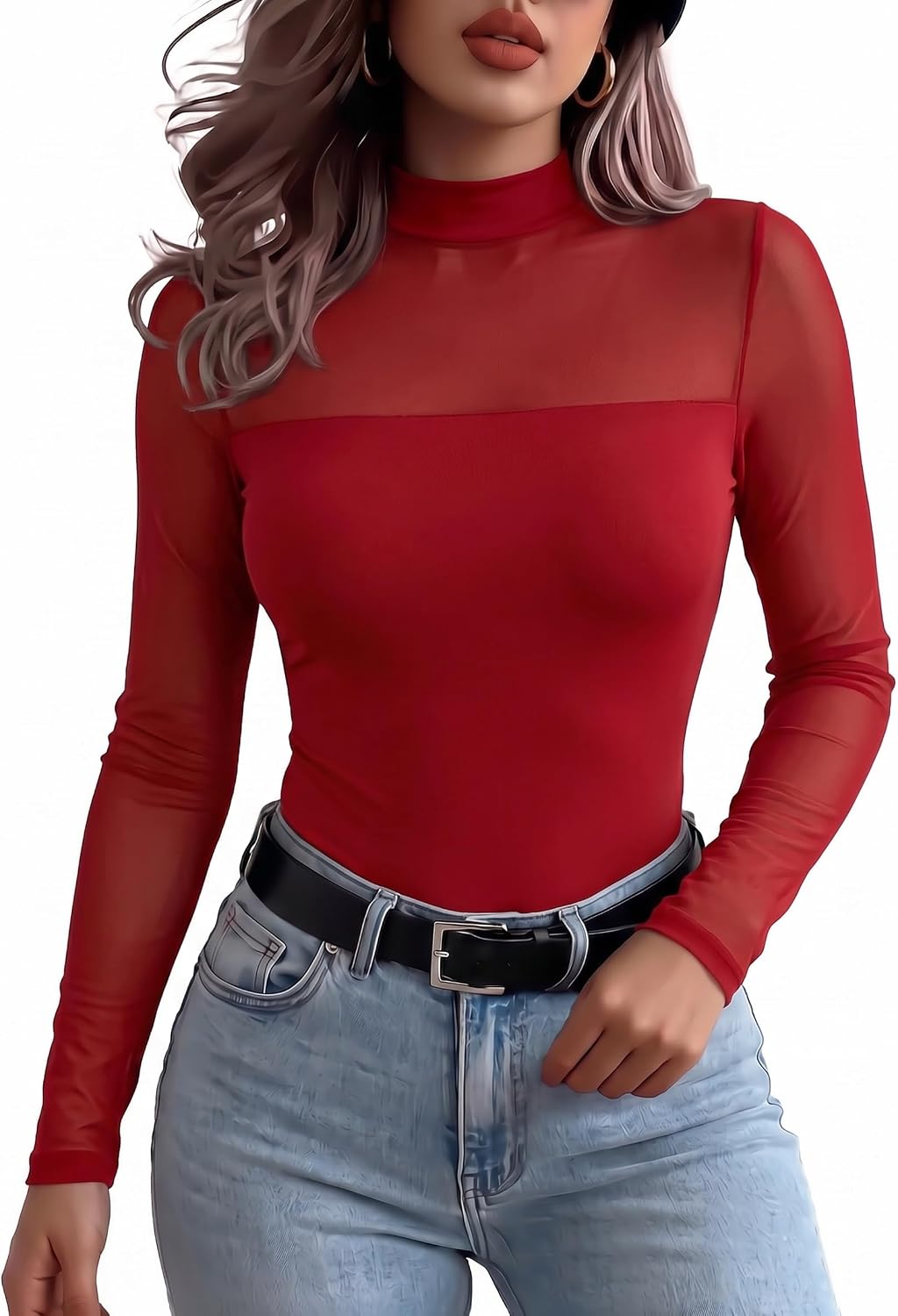 Long Sleeve Shirts for Women's Lace Tops Mesh Sheer Sexy Fall Blouse thumbnail