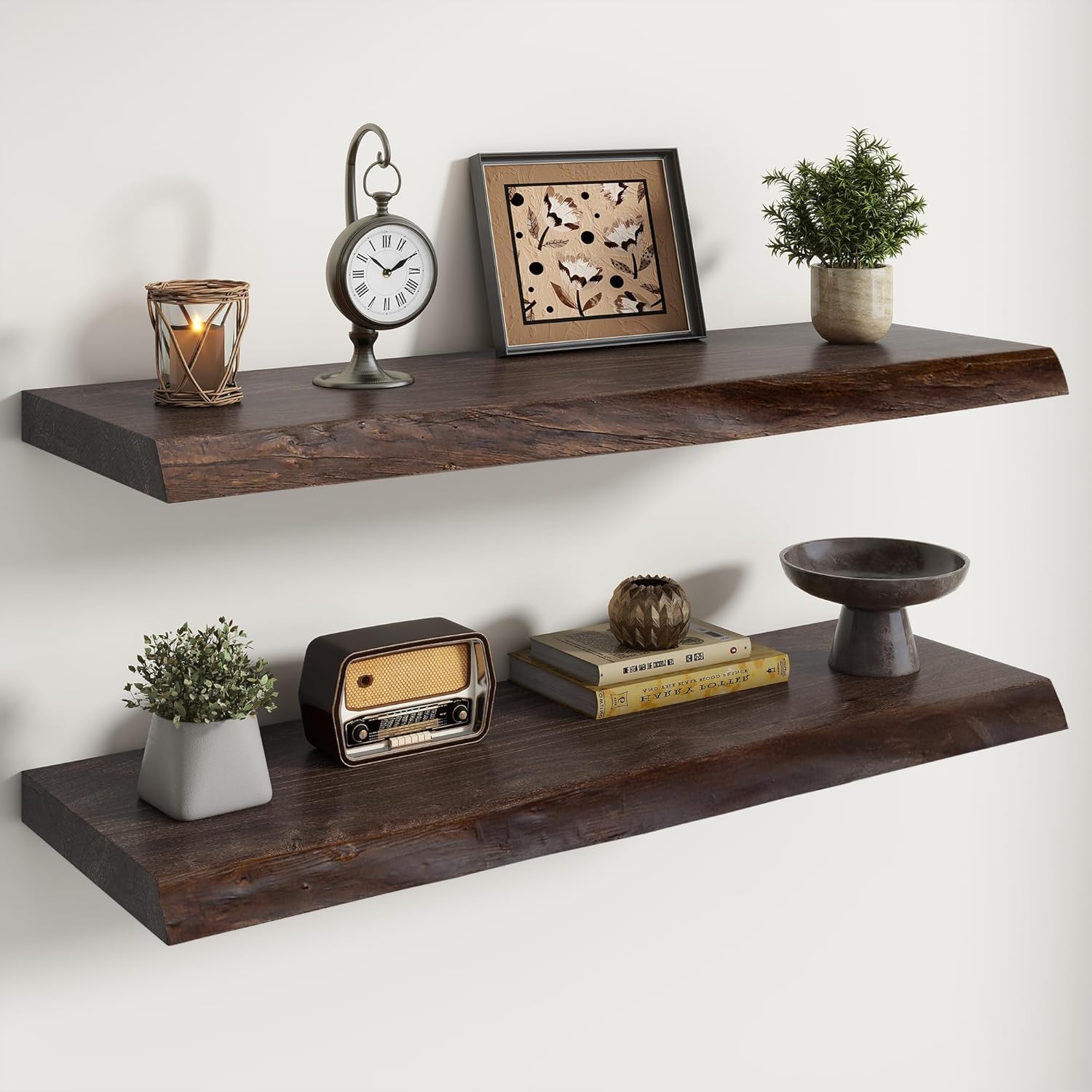 Floating Shelves for Wall - 34" W x 6" D Rustic Solid Wood Shelves with Invisible Bracket, Wall-Mounted for Living Room, Bedroom, Kitchen Storage & Display, Set of 2, Walnut-image-12