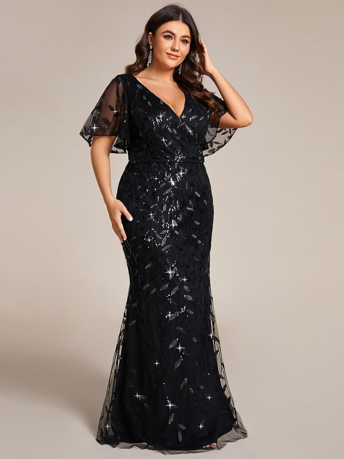 Ever-Pretty Women's Sequin Plus Size Formal Dresses for Curvy Women V Neck Mermaid Embroidery Prom Dress Evening Gown - Image 3