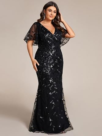 Ever-Pretty Women's Sequin Plus Size Formal Dresses for Curvy Women V Neck Mermaid Embroidery Prom Dress Evening Gown