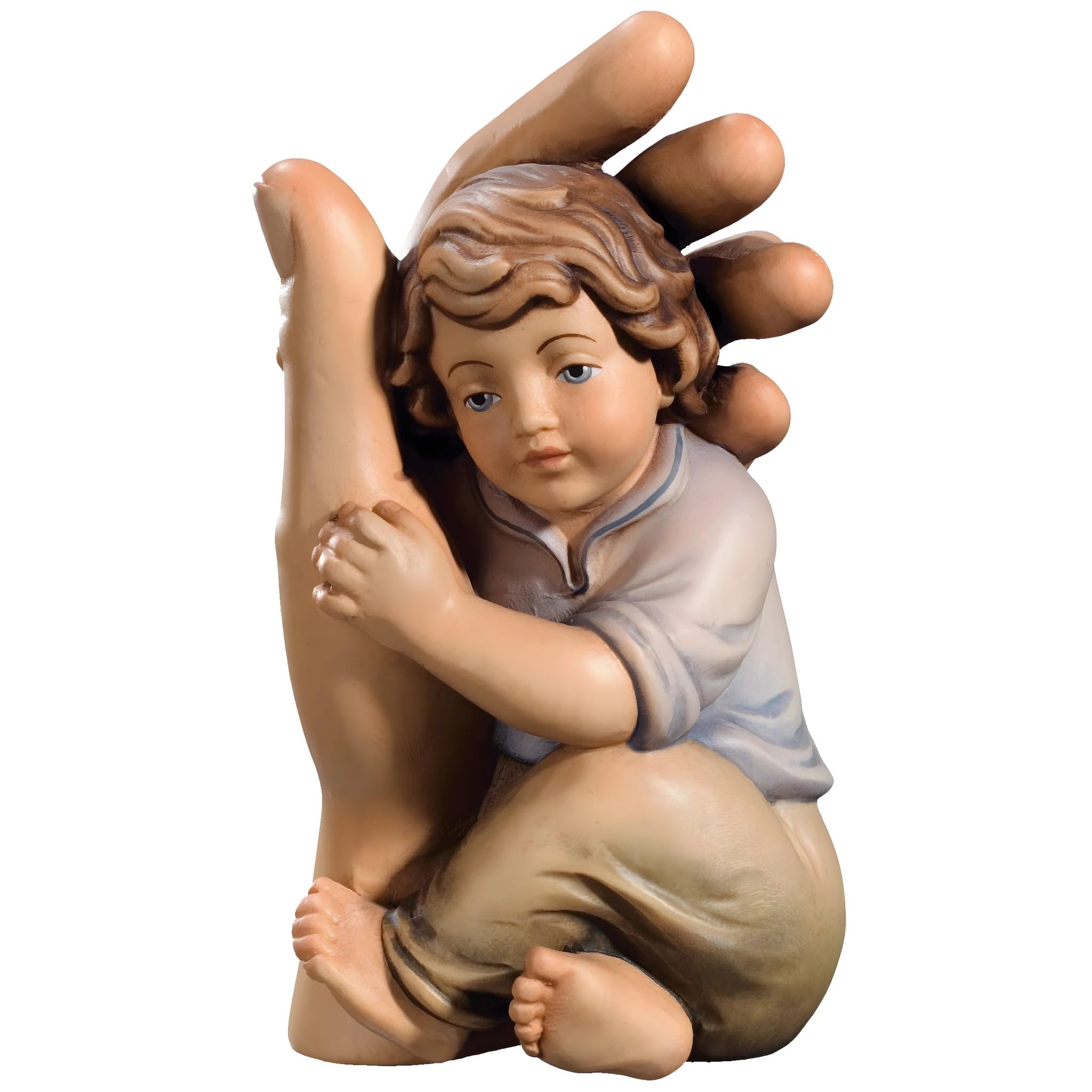 Schutzengel mit Kind und schützender Hand 20 cm Holz handbemalt in Gröden Religiöser Artikel