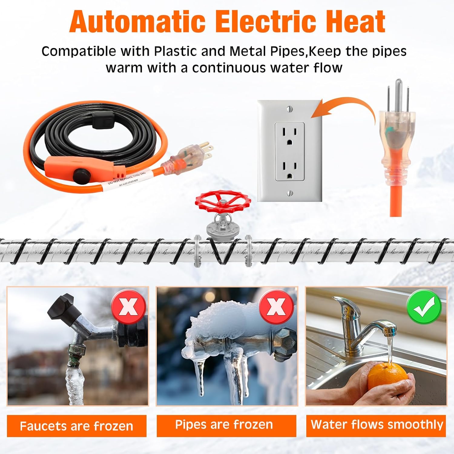 32 ft Pipe Insulation Foam Tape, 32 ft Foil Electric Pipe Hose Wrap, 6ft Heating Cable Automatic Electric Heat Kit Built in Thermostat for Outdoor Winter Hot Cold Water Pipe