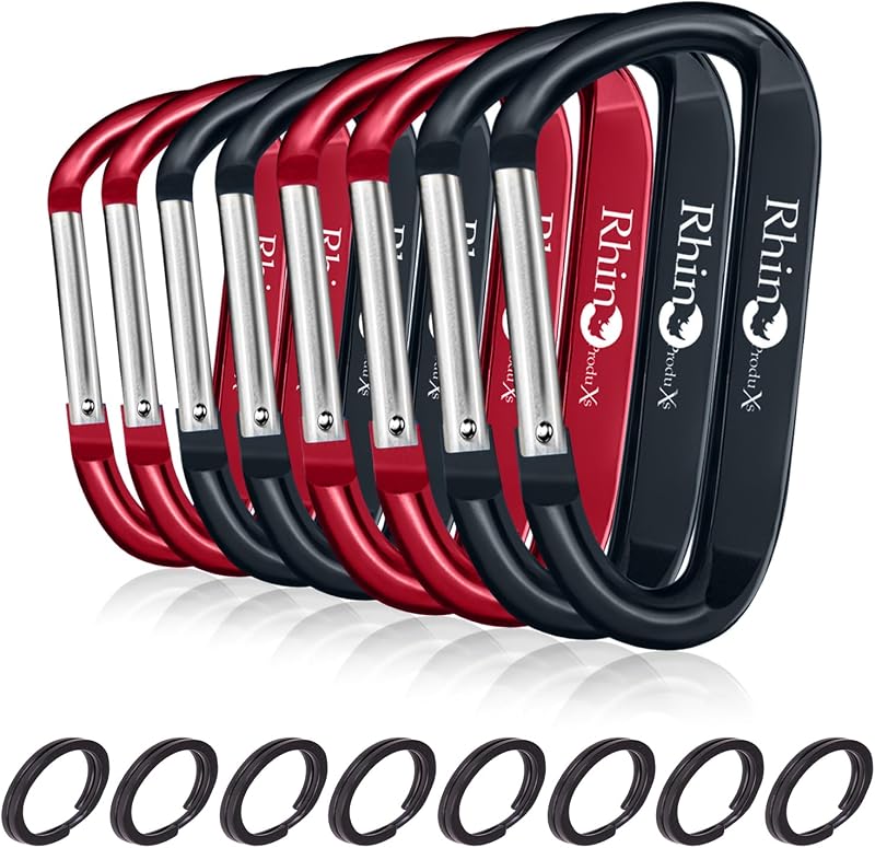 8PCS Lightweight Snap Carabiner Clips, D Ring Shape | 8PCS Keyring Included, Outdoor & Camping, Hiking, Water Bottle Hook