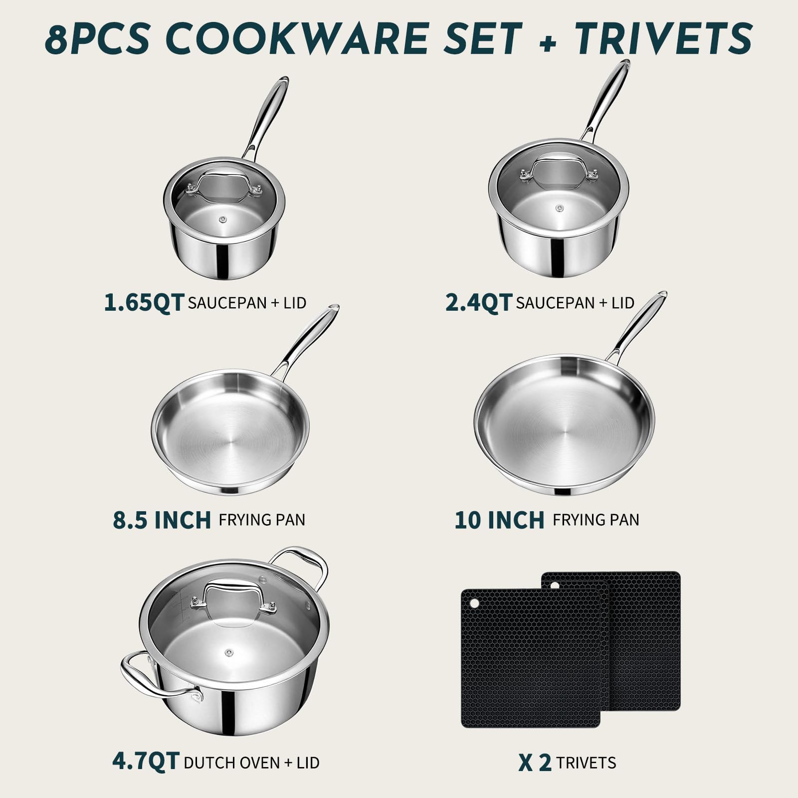 Set di pentole e padelle in acciaio inox, 10 pezzi, pentole e padelle antiaderenti per piano cottura a induzione, casseruola con coperchio, casseruola con coperchio e padella, set di pentole da cucina