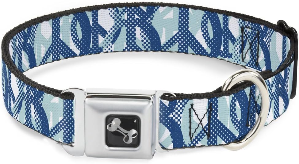 Buckle-Down Seatbelt Buckle Dog Collar - Peace Dots White/Blue - 1.5" Wide - Fits 18-32" Neck - Large