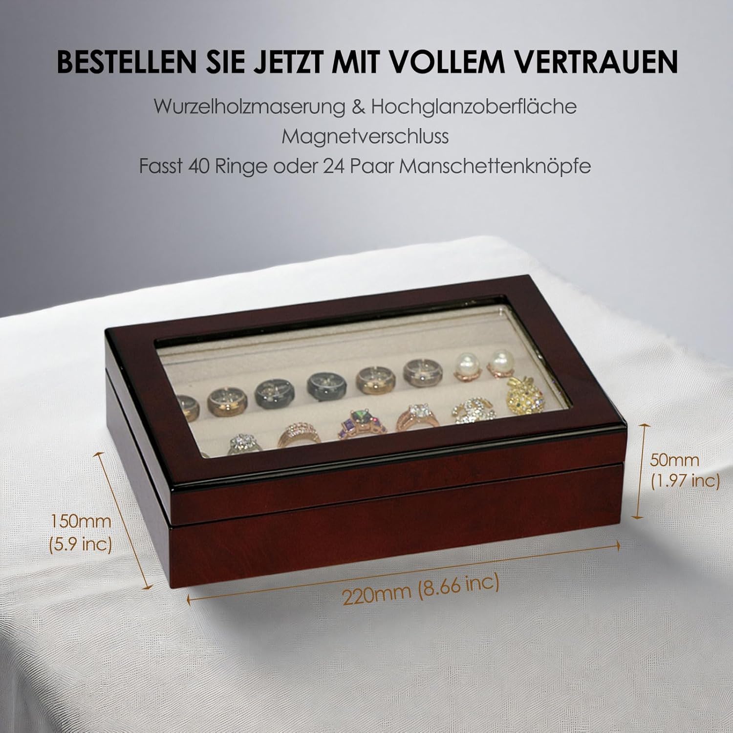 Wooden Ring Box Earring Storage Box Jewelry Organizer for Women, Top Glass Window - Magnet Closure, Men's Cufflink Box At Least for 24 pairs Cufflinks or 40 Rings Holder Display (Burgundy)