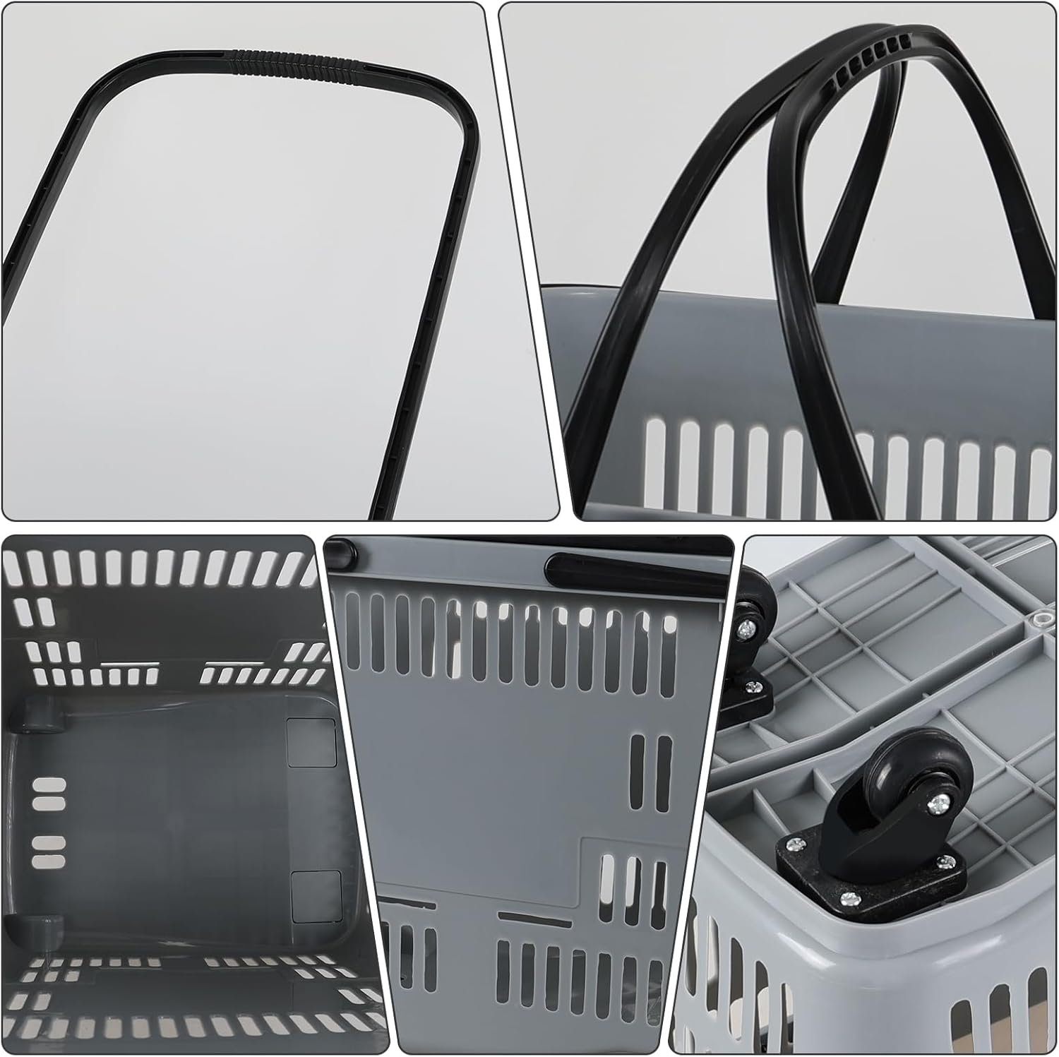 4 PCS Shopping Baskets, 50L Large Plastic Rolling Shopping Basket with Wheels, Shopping Carts with Handles, Portable Shopping Basket Set for Supermarkets, Grocery Shopping, Retail Stores, Gray
