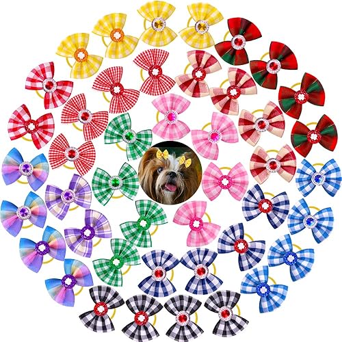 Mruq pet 80 lazos para el pelo de perro pequeño, lazos a cuadros para perros con bandas de goma, lazos de aseo para perros con diamantes de