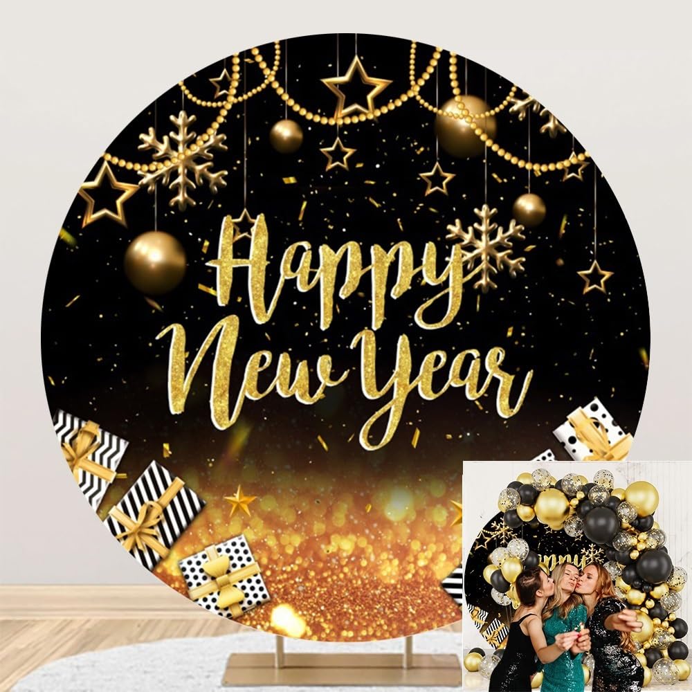 Sfondo rotondo con scritta "Happy New Year", sfondo per foto di Capodanno, sfondo con arco, copertura nera e oro, decorazione per feste di Capodanno, festival, feste, sfondo fotografico, 2,2 m
