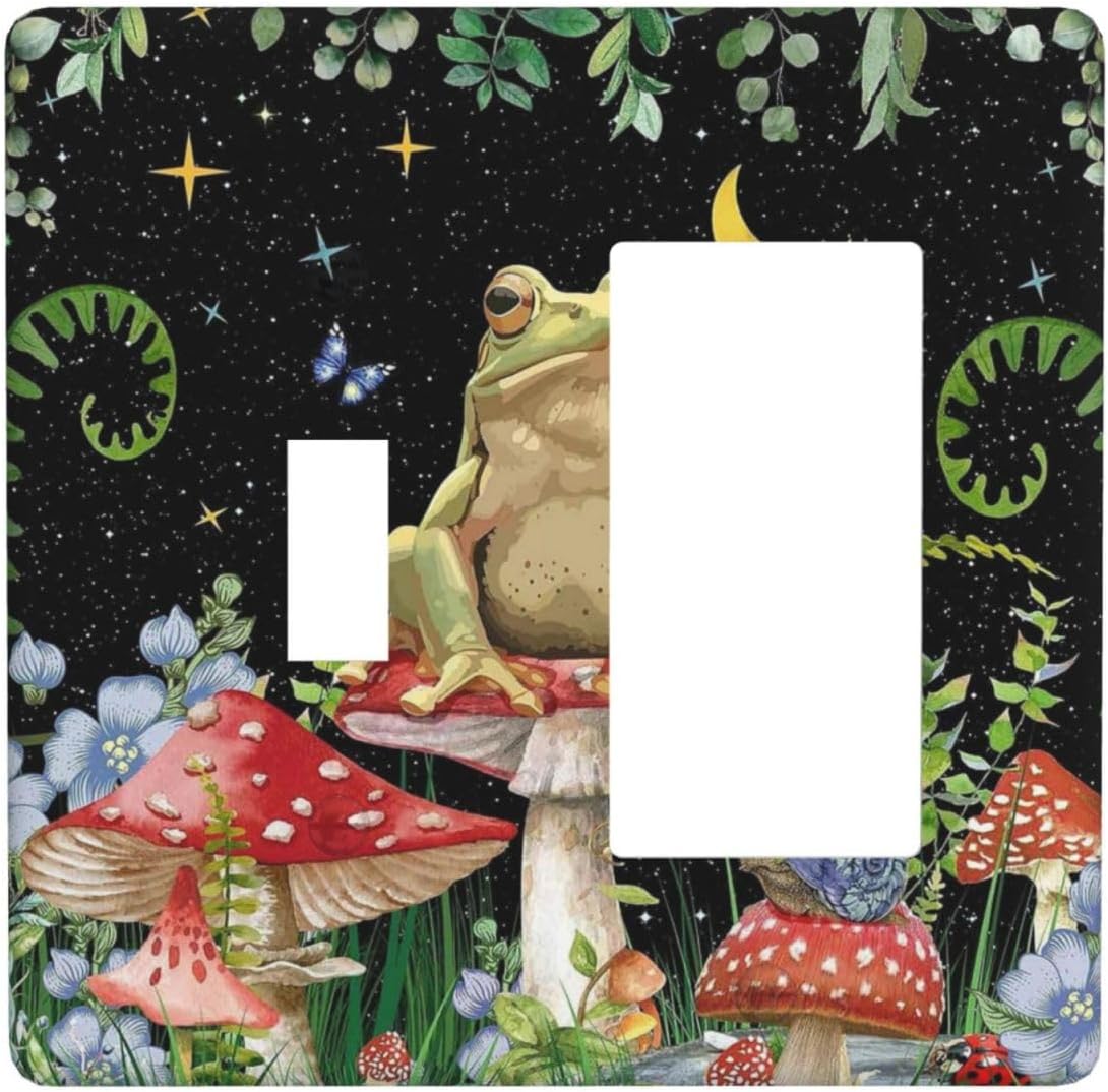 Mushroom Boho Moon Stars Aesthetic Floral Funny Frog 2 Gang Single Toggle/Rocker Combination Light Switch Cover Decorative Wall Plate Electrical Faceplate for Home Decor image 2